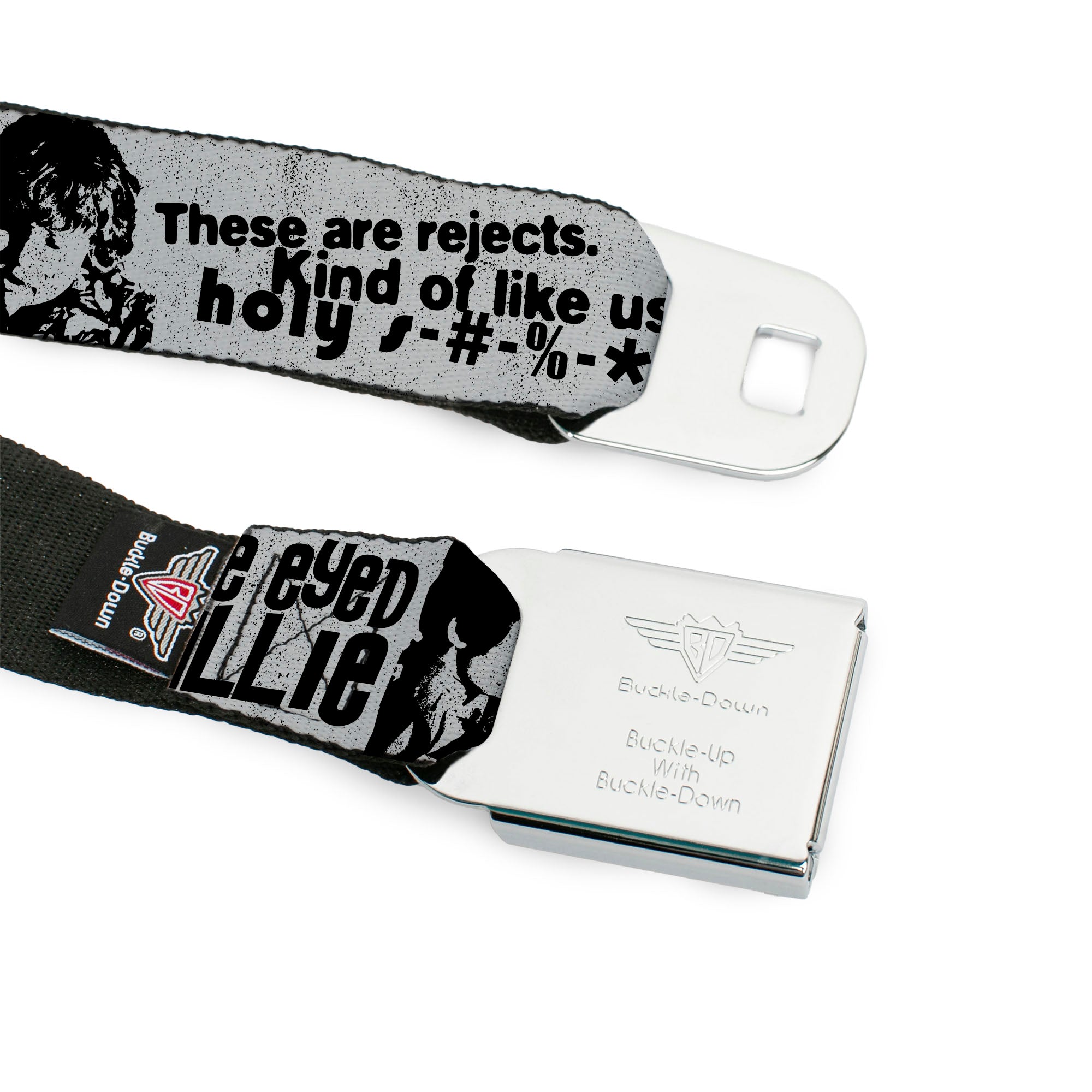 THE GOONIES Title Logo Full Color Black/White Seatbelt Belt - THE GOONIES Quotes and Icons Collage Gray/Black Webbing Seatbelt Belts The Goonies