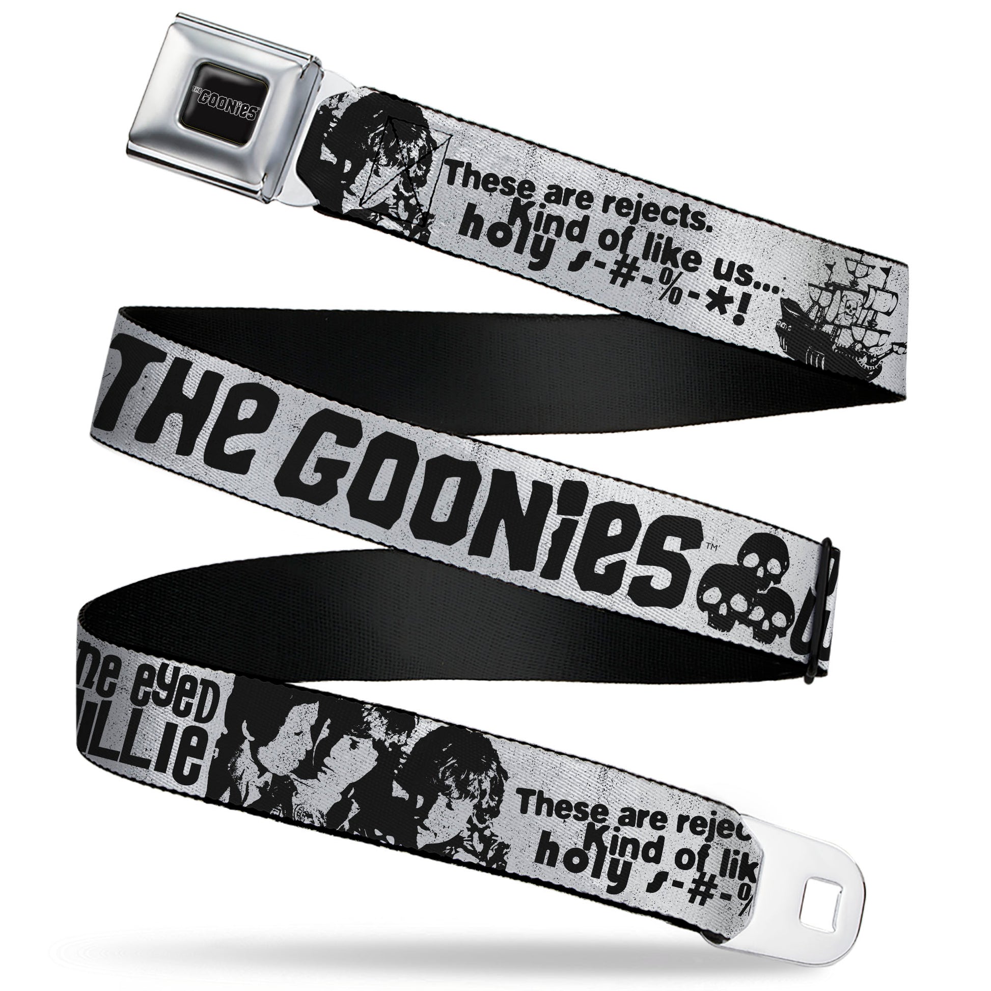THE GOONIES Title Logo Full Color Black/White Seatbelt Belt - THE GOONIES Quotes and Icons Collage Gray/Black Webbing Seatbelt Belts The Goonies