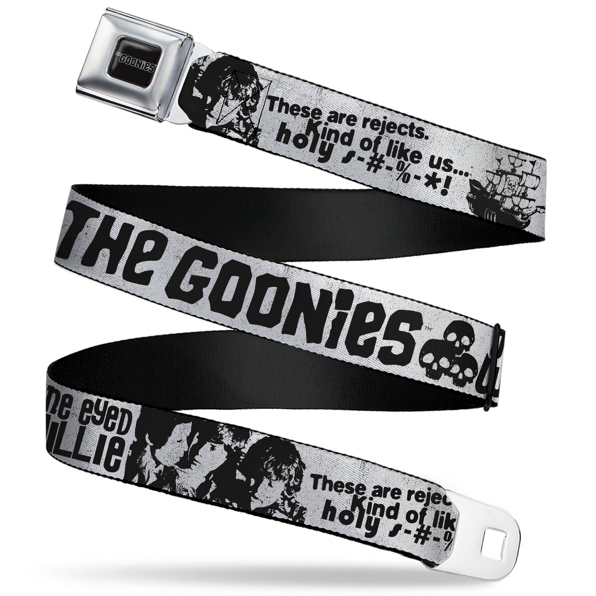 THE GOONIES Title Logo Full Color Black/White Seatbelt Belt - THE GOONIES Quotes and Icons Collage Gray/Black Webbing Seatbelt Belts The Goonies