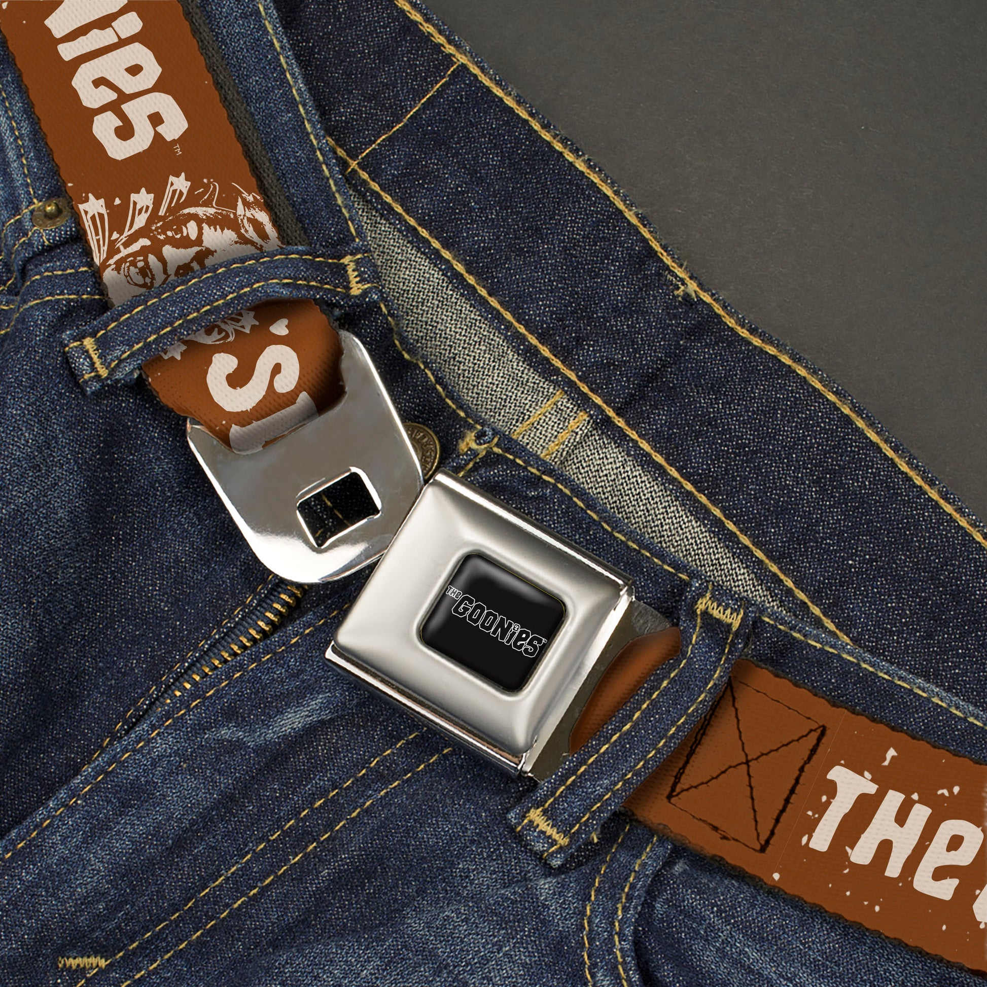 THE GOONIES Title Logo Full Color Black/White Seatbelt Belt - THE GOONIES SLOTH LOVE CHUNK Quote and Title Logo Brown/Tan Webbing Seatbelt Belts The Goonies