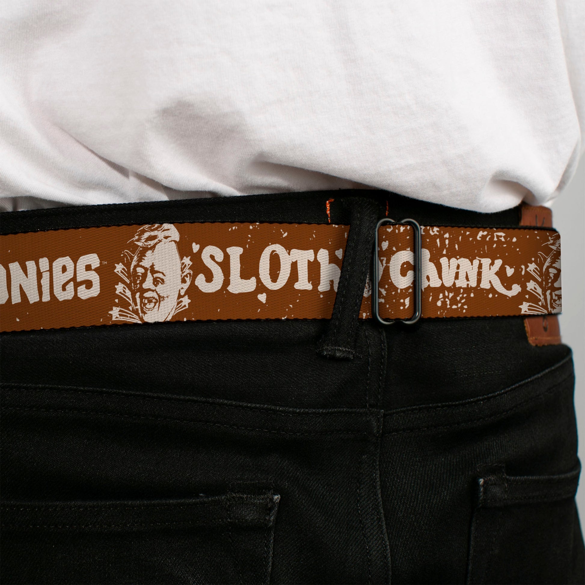 THE GOONIES Title Logo Full Color Black/White Seatbelt Belt - THE GOONIES SLOTH LOVE CHUNK Quote and Title Logo Brown/Tan Webbing Seatbelt Belts The Goonies