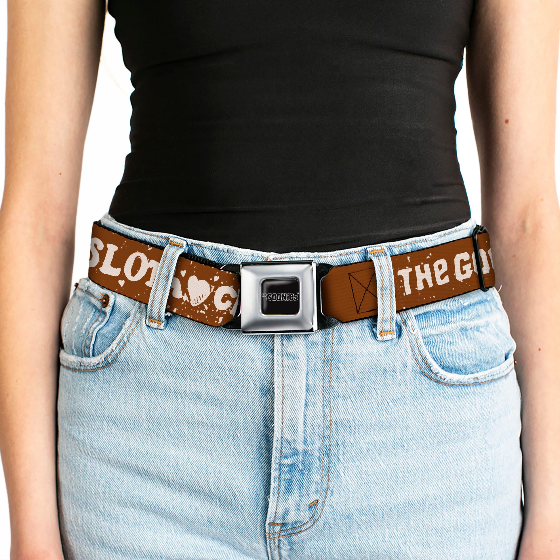 THE GOONIES Title Logo Full Color Black/White Seatbelt Belt - THE GOONIES SLOTH LOVE CHUNK Quote and Title Logo Brown/Tan Webbing Seatbelt Belts The Goonies