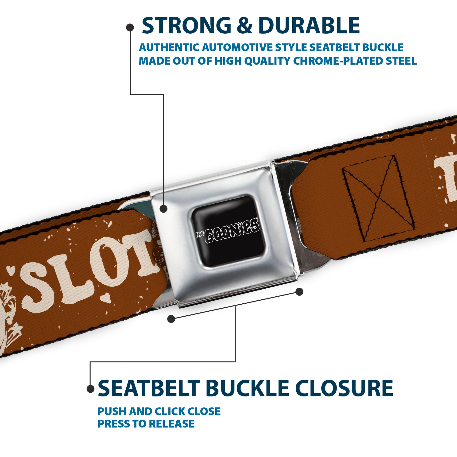 THE GOONIES Title Logo Full Color Black/White Seatbelt Belt - THE GOONIES SLOTH LOVE CHUNK Quote and Title Logo Brown/Tan Webbing Seatbelt Belts The Goonies
