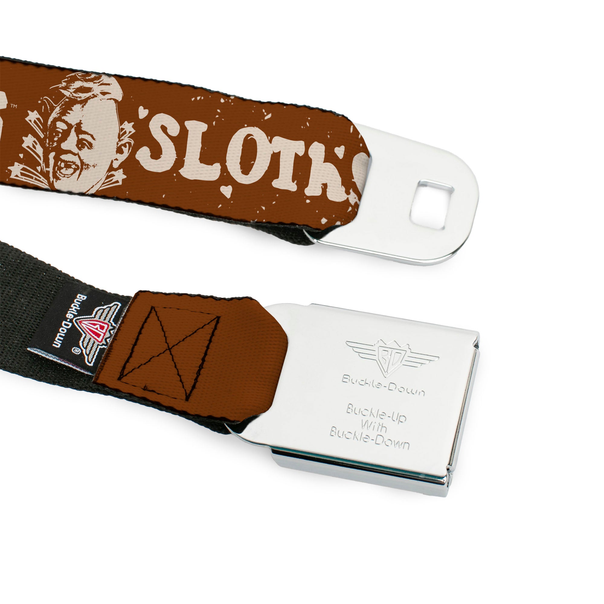 THE GOONIES Title Logo Full Color Black/White Seatbelt Belt - THE GOONIES SLOTH LOVE CHUNK Quote and Title Logo Brown/Tan Webbing Seatbelt Belts The Goonies