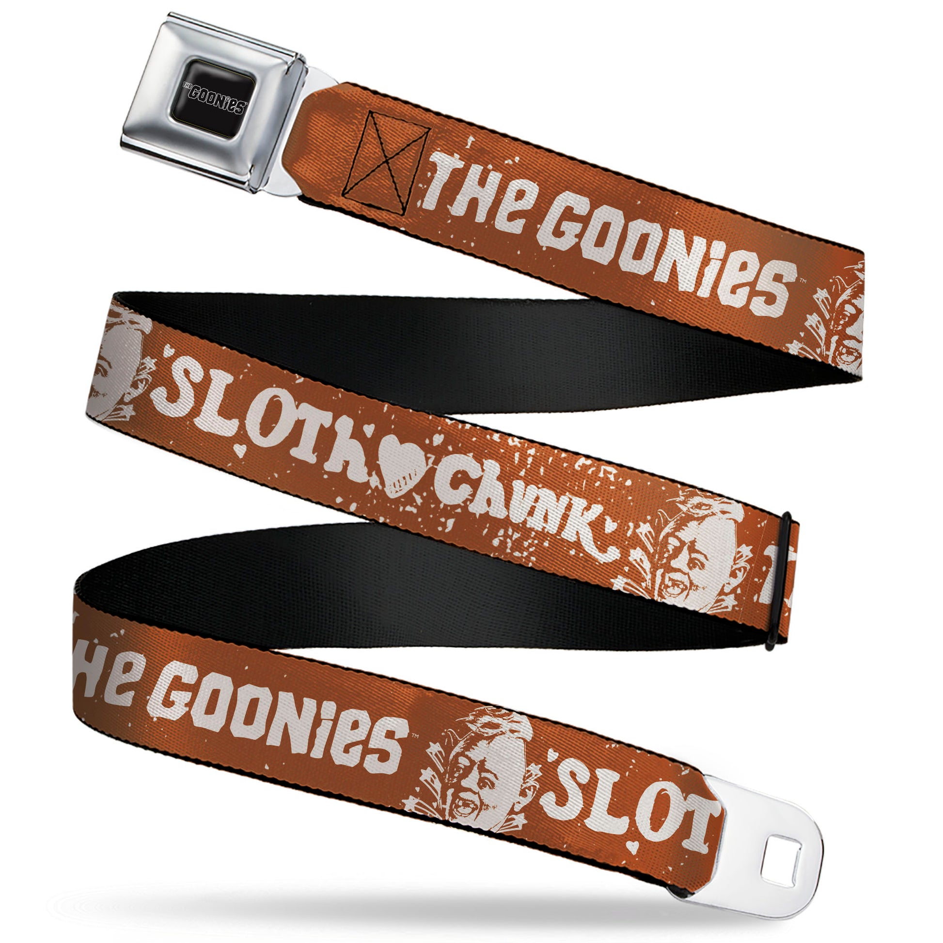THE GOONIES Title Logo Full Color Black/White Seatbelt Belt - THE GOONIES SLOTH LOVE CHUNK Quote and Title Logo Brown/Tan Webbing Seatbelt Belts The Goonies