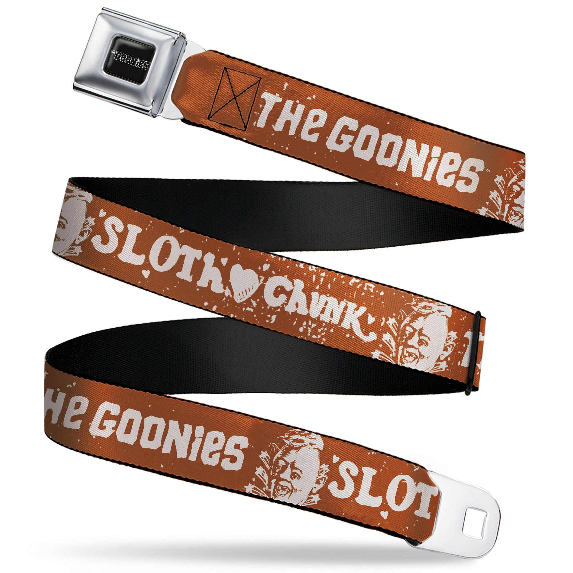 THE GOONIES Title Logo Full Color Black/White Seatbelt Belt - THE GOONIES SLOTH LOVE CHUNK Quote and Title Logo Brown/Tan Webbing Seatbelt Belts The Goonies