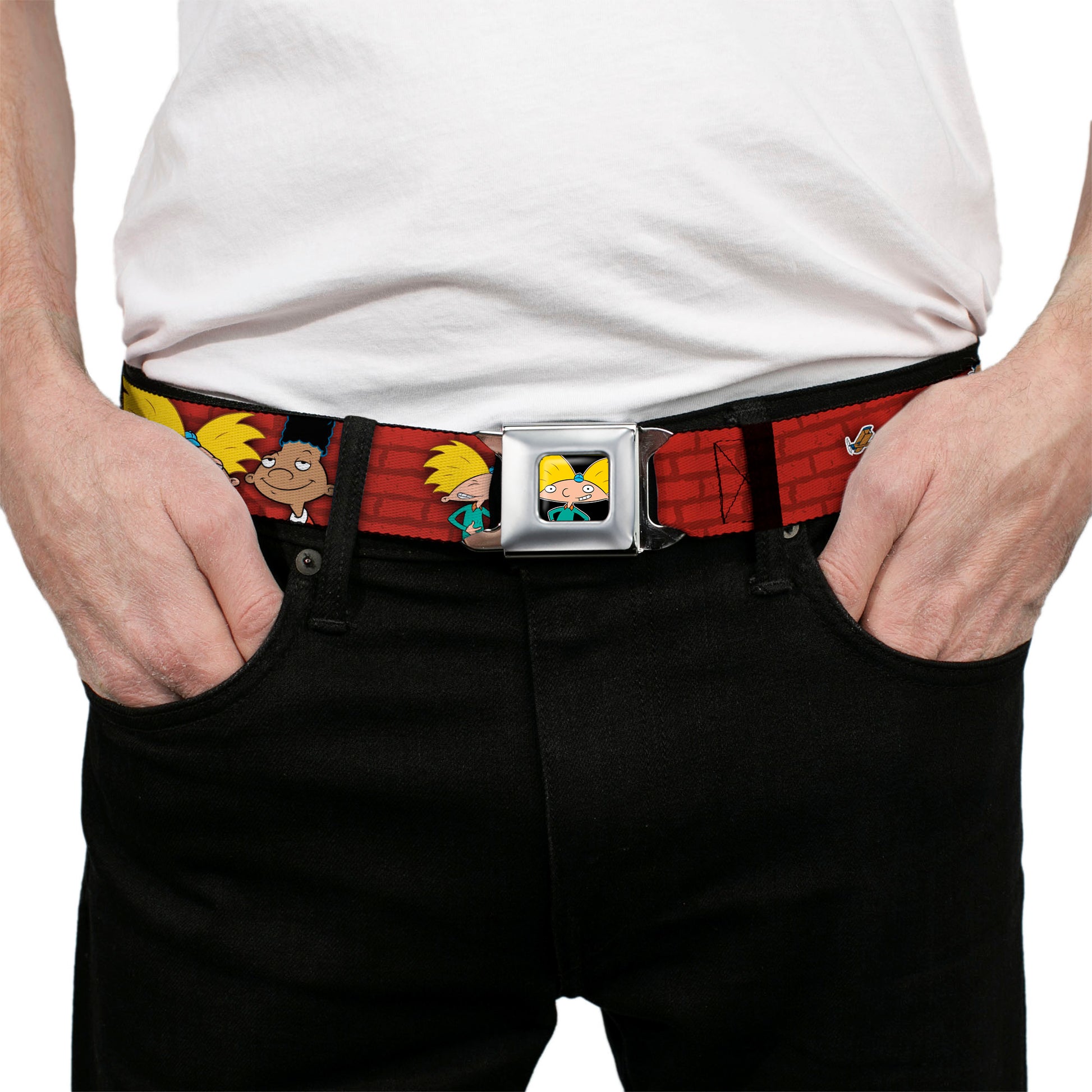 Arnold Pose Full Color Black Seatbelt Belt - Arnold & Gerald Poses Brick Wall Webbing Seatbelt Belts Hey Arnold