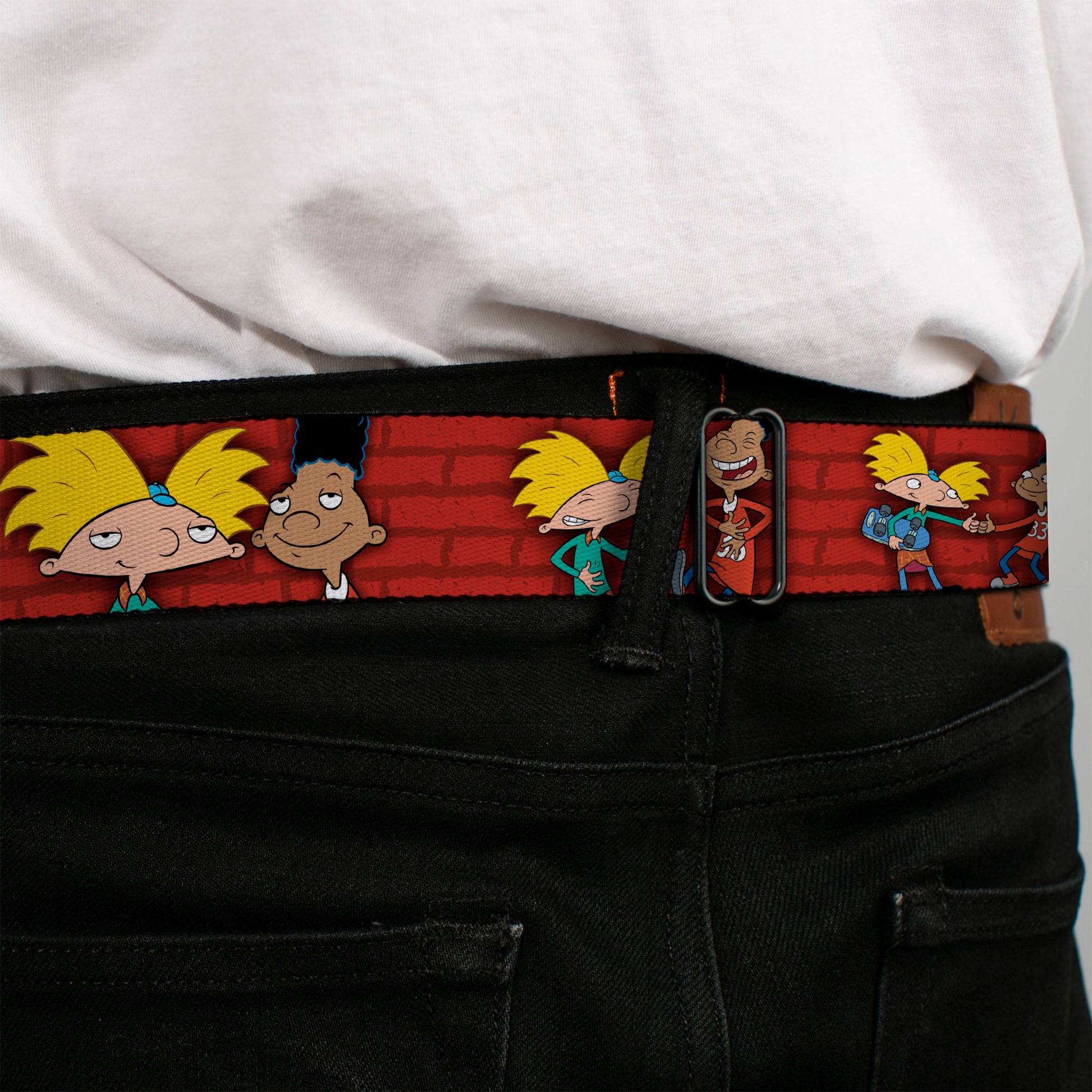 Arnold Pose Full Color Black Seatbelt Belt - Arnold & Gerald Poses Brick Wall Webbing Seatbelt Belts Hey Arnold