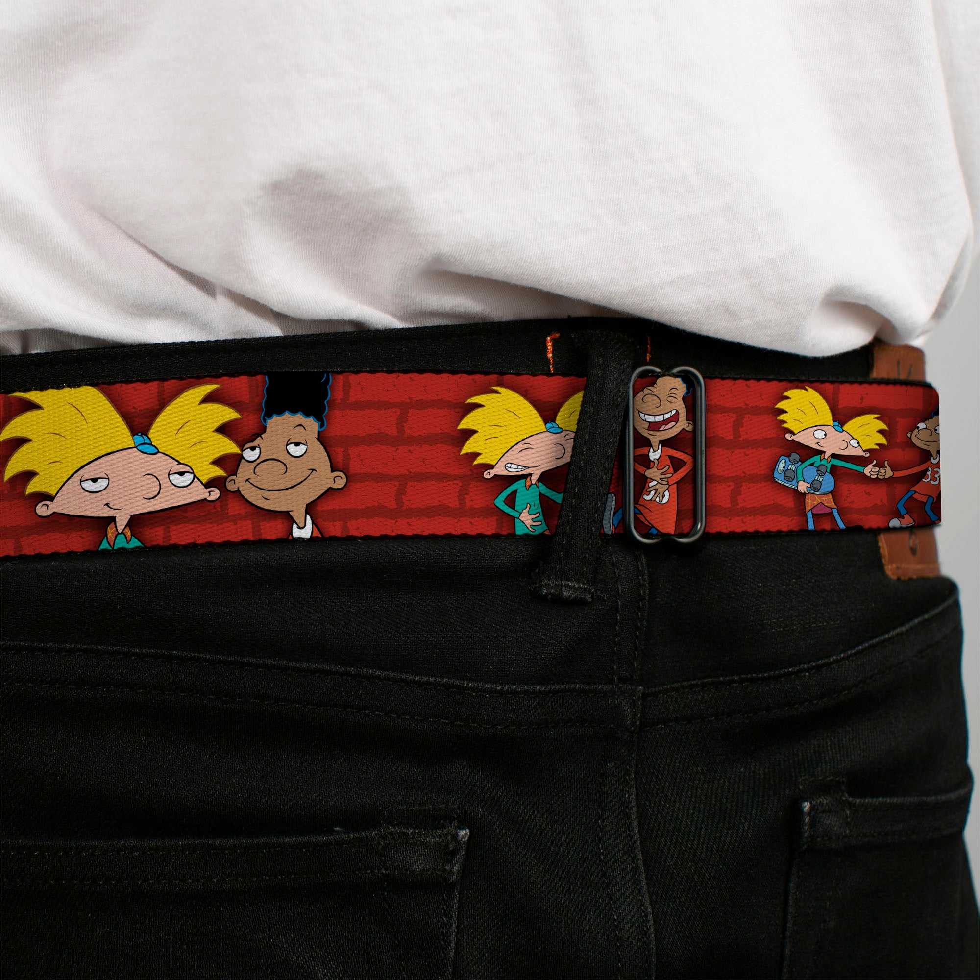Arnold Pose Full Color Black Seatbelt Belt - Arnold & Gerald Poses Brick Wall Webbing Seatbelt Belts Hey Arnold