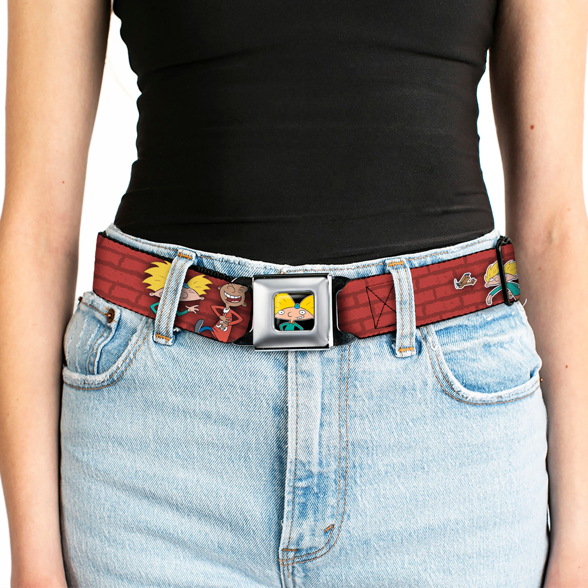 Arnold Pose Full Color Black Seatbelt Belt - Arnold & Gerald Poses Brick Wall Webbing Seatbelt Belts Hey Arnold