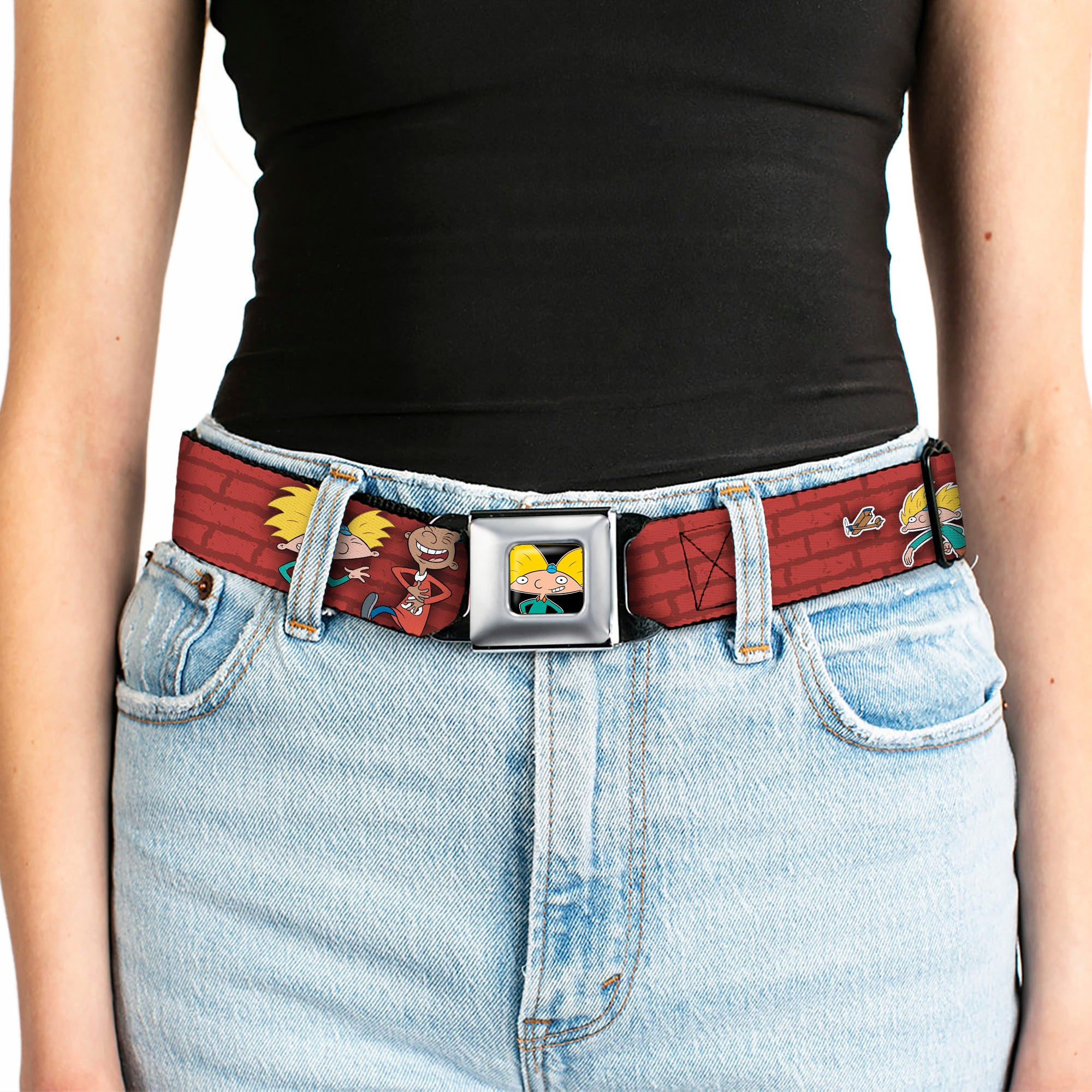 Arnold Pose Full Color Black Seatbelt Belt - Arnold & Gerald Poses Brick Wall Webbing Seatbelt Belts Hey Arnold