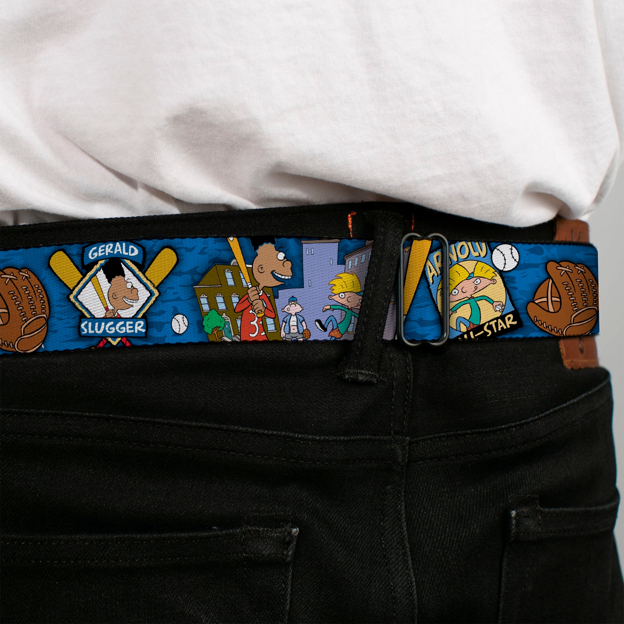 Arnold Pose Full Color Black Seatbelt Belt - Arnold ALL-STAR/Gerald SLUGGER Baseball Poses Blue Webbing Seatbelt Belts Hey Arnold