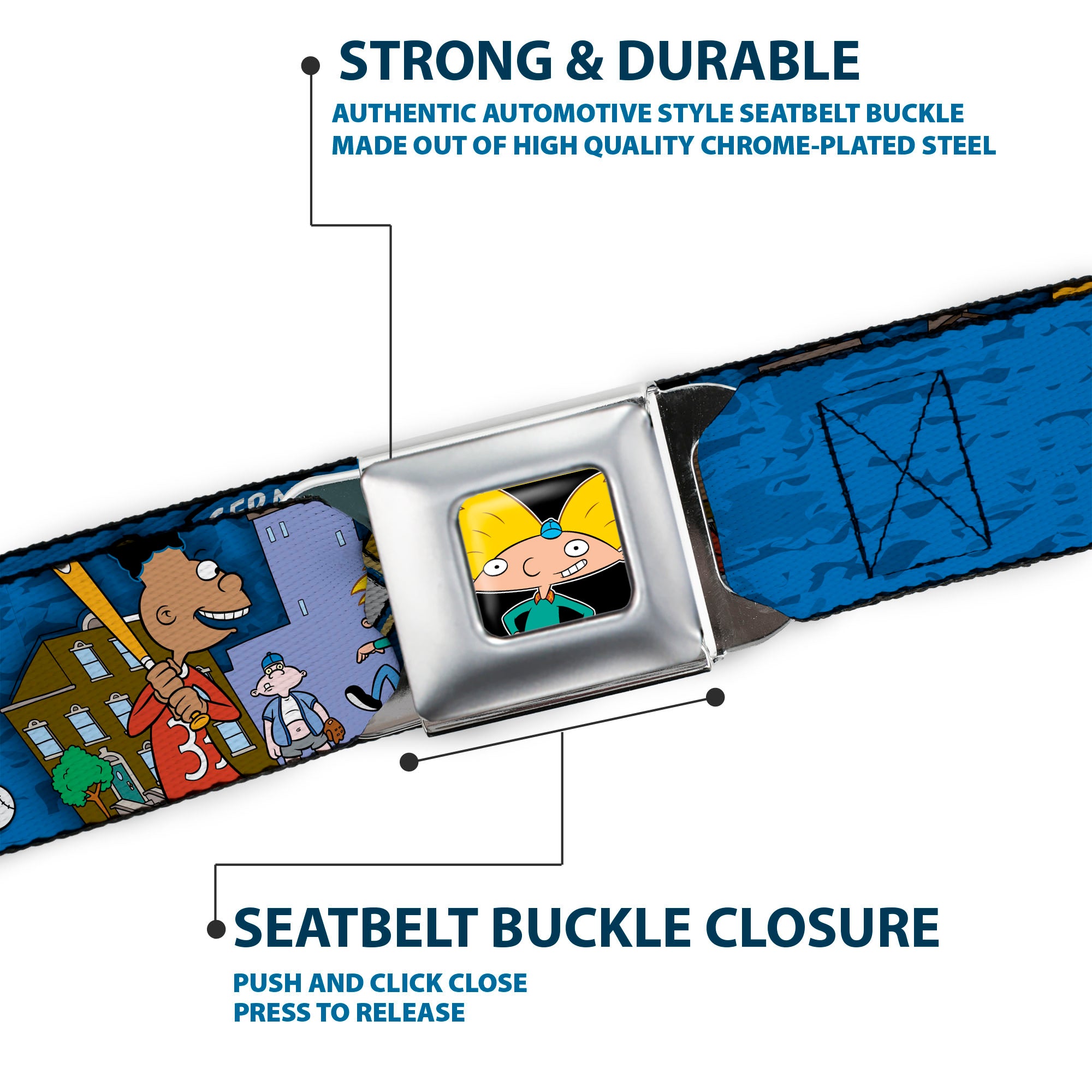 Arnold Pose Full Color Black Seatbelt Belt - Arnold ALL-STAR/Gerald SLUGGER Baseball Poses Blue Webbing Seatbelt Belts Hey Arnold