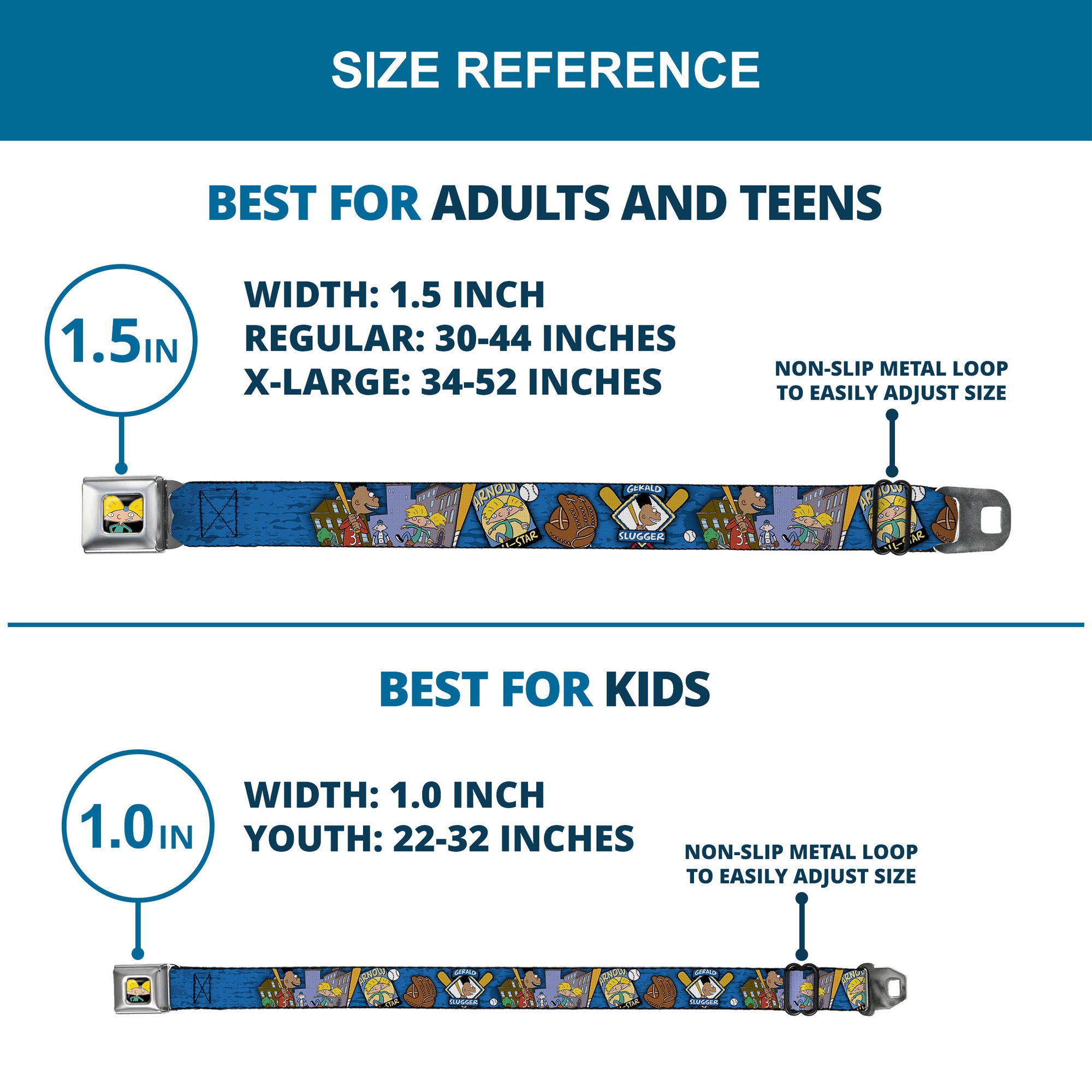 Arnold Pose Full Color Black Seatbelt Belt - Arnold ALL-STAR/Gerald SLUGGER Baseball Poses Blue Webbing Seatbelt Belts Hey Arnold