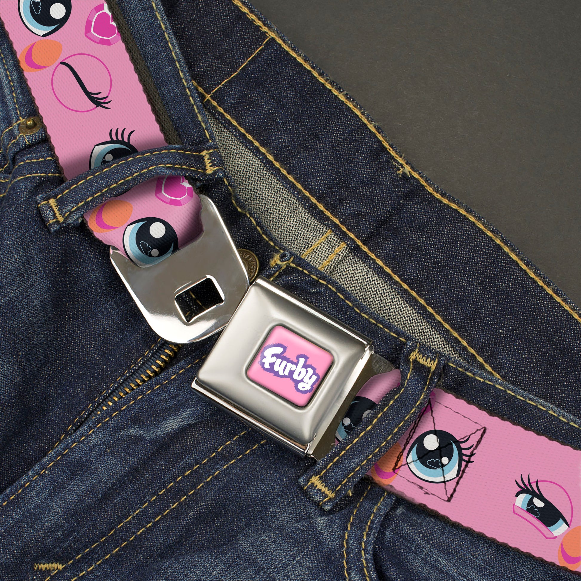 FURBY Title Logo Full Color Pink/Purple/White Seatbelt Belt - Furby Eye Expressions Close-Up Pink Webbing Seatbelt Belts Furby