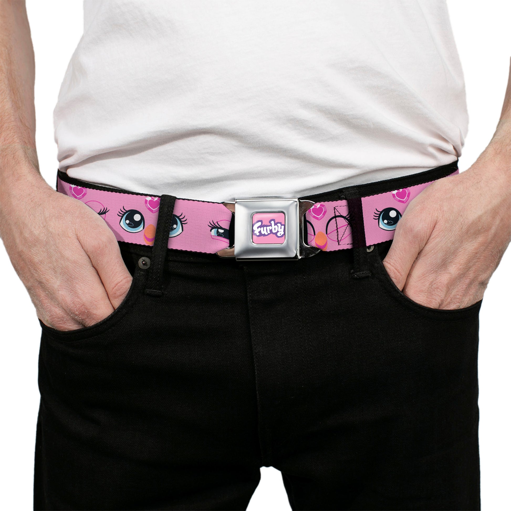FURBY Title Logo Full Color Pink/Purple/White Seatbelt Belt - Furby Eye Expressions Close-Up Pink Webbing Seatbelt Belts Furby