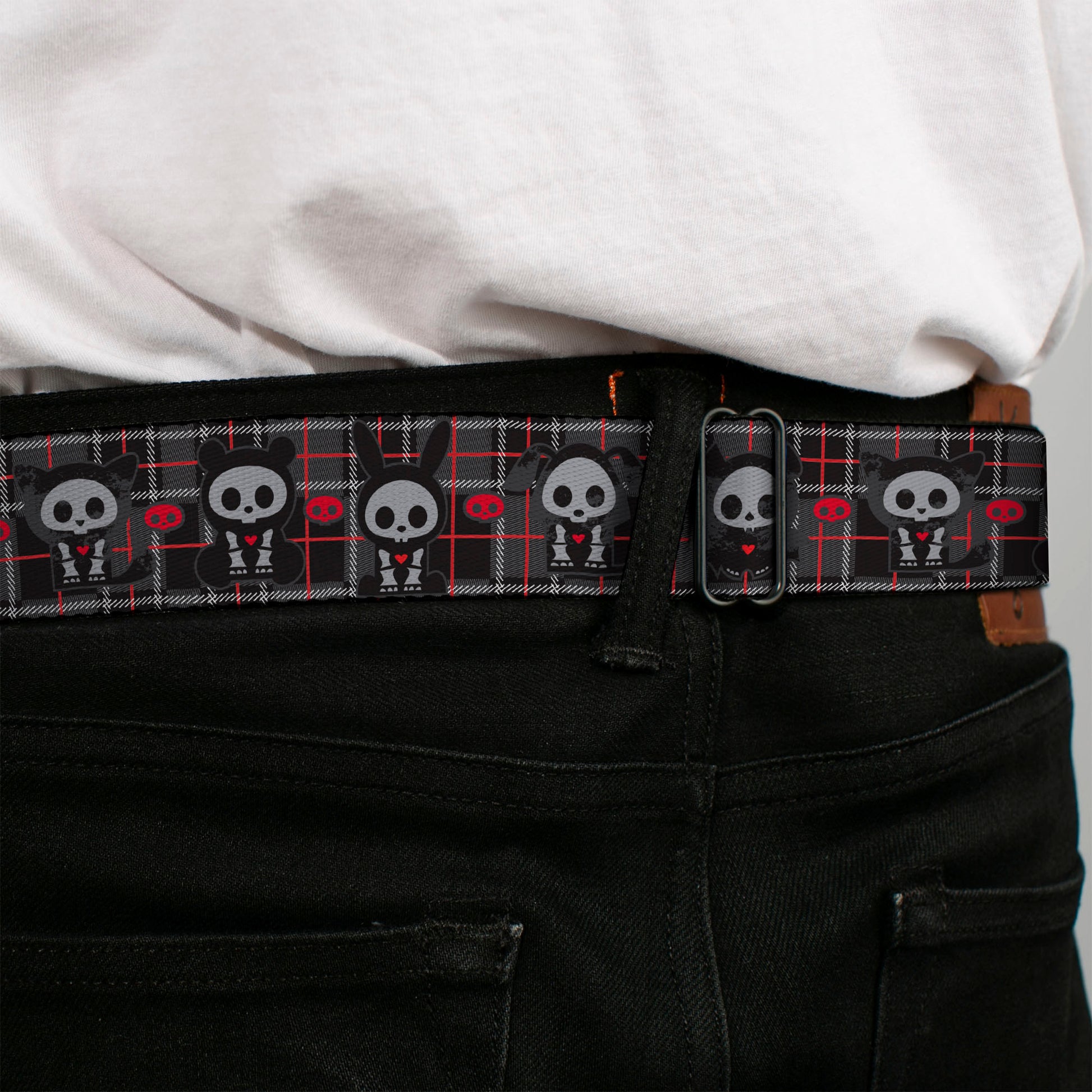 SKELANIMALS Title Logo Full Color Black/White/Red Seatbelt Belt - Skelanimals Five Animals and Face Logo Plaid Black/Red/White Webbing Seatbelt Belts Skelanimals