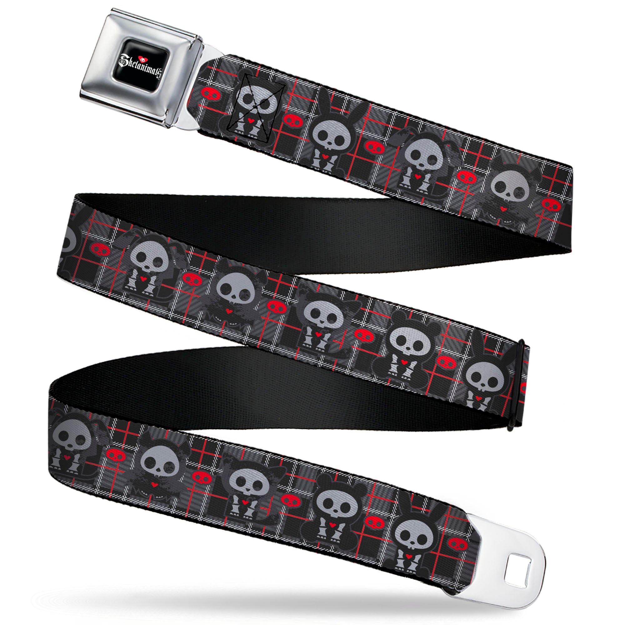 SKELANIMALS Title Logo Full Color Black/White/Red Seatbelt Belt - Skelanimals Five Animals and Face Logo Plaid Black/Red/White Webbing Seatbelt Belts Skelanimals