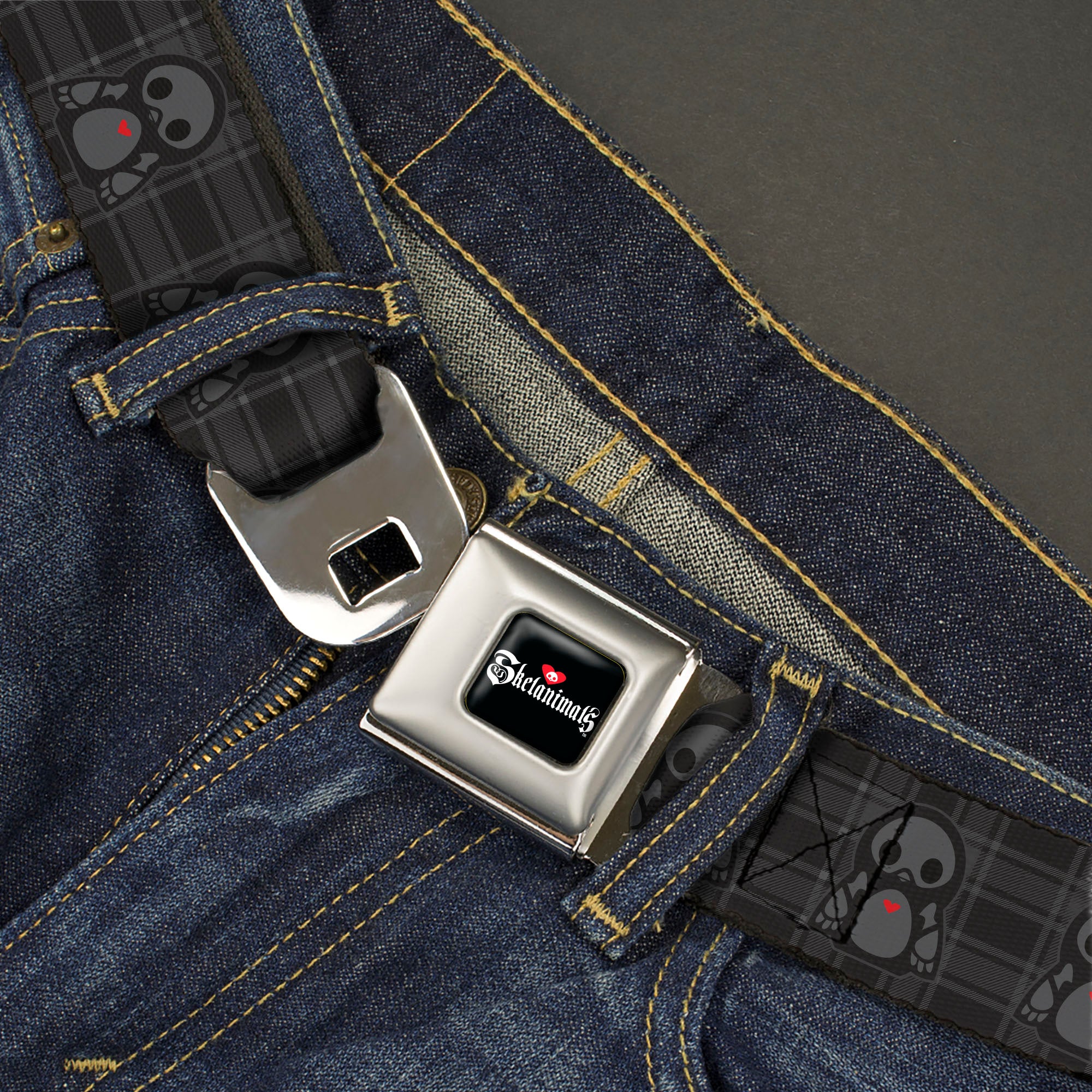 SKELANIMALS Title Logo Full Color Black/White/Red Seatbelt Belt - Skelanimals Pen the Penguin Pose Plaid Grays/Black Webbing Seatbelt Belts Skelanimals