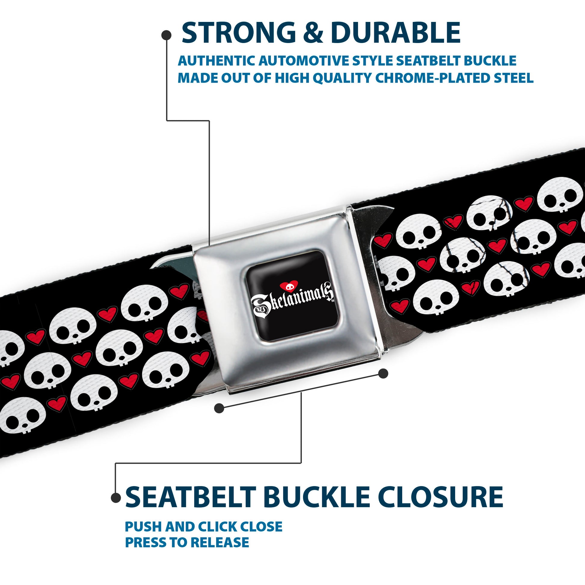 SKELANIMALS Title Logo Full Color Black/White/Red Seatbelt Belt - Skelanimals Face Logo and Heart Black/White/Red Webbing Seatbelt Belts Skelanimals