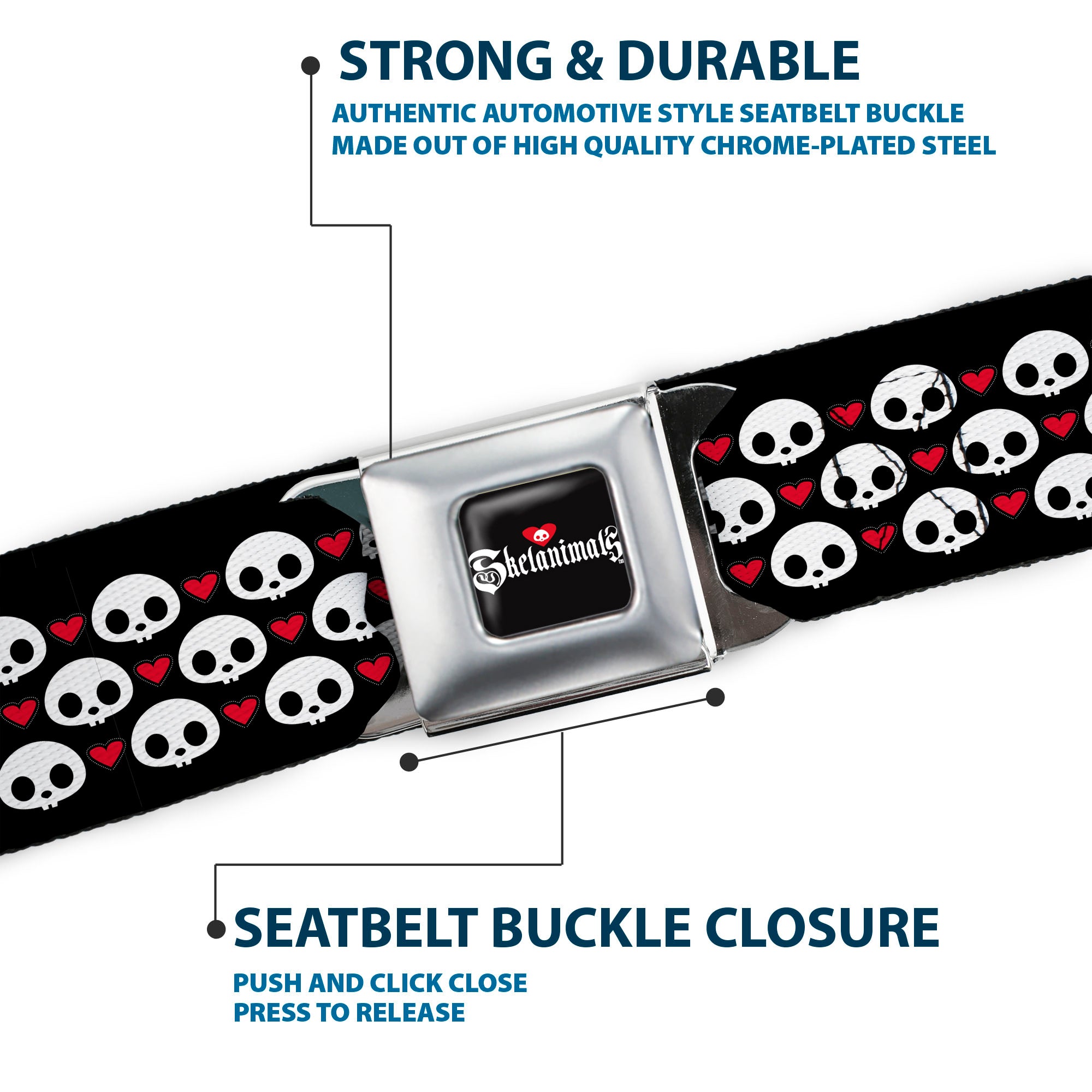 SKELANIMALS Title Logo Full Color Black/White/Red Seatbelt Belt - Skelanimals Face Logo and Heart Black/White/Red Webbing Seatbelt Belts Skelanimals