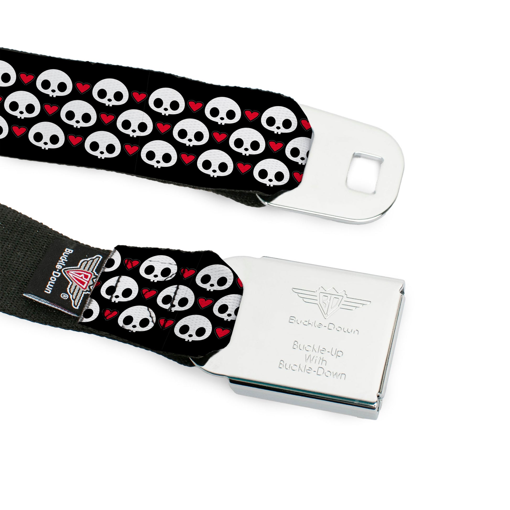 SKELANIMALS Title Logo Full Color Black/White/Red Seatbelt Belt - Skelanimals Face Logo and Heart Black/White/Red Webbing Seatbelt Belts Skelanimals