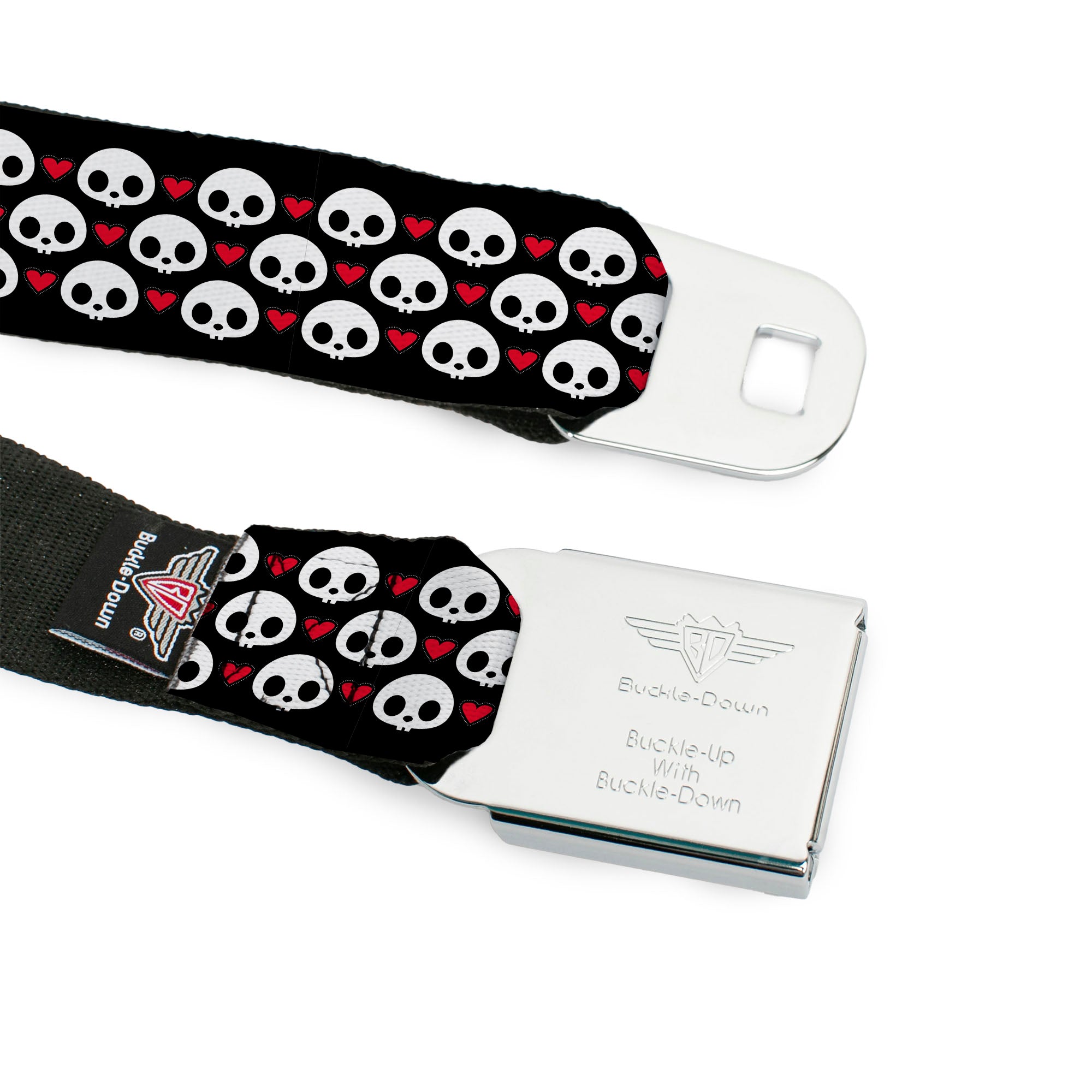 SKELANIMALS Title Logo Full Color Black/White/Red Seatbelt Belt - Skelanimals Face Logo and Heart Black/White/Red Webbing Seatbelt Belts Skelanimals