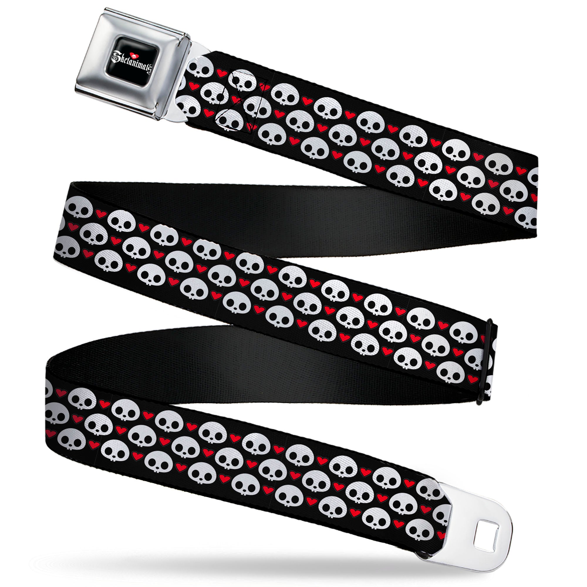 SKELANIMALS Title Logo Full Color Black/White/Red Seatbelt Belt - Skelanimals Face Logo and Heart Black/White/Red Webbing Seatbelt Belts Skelanimals