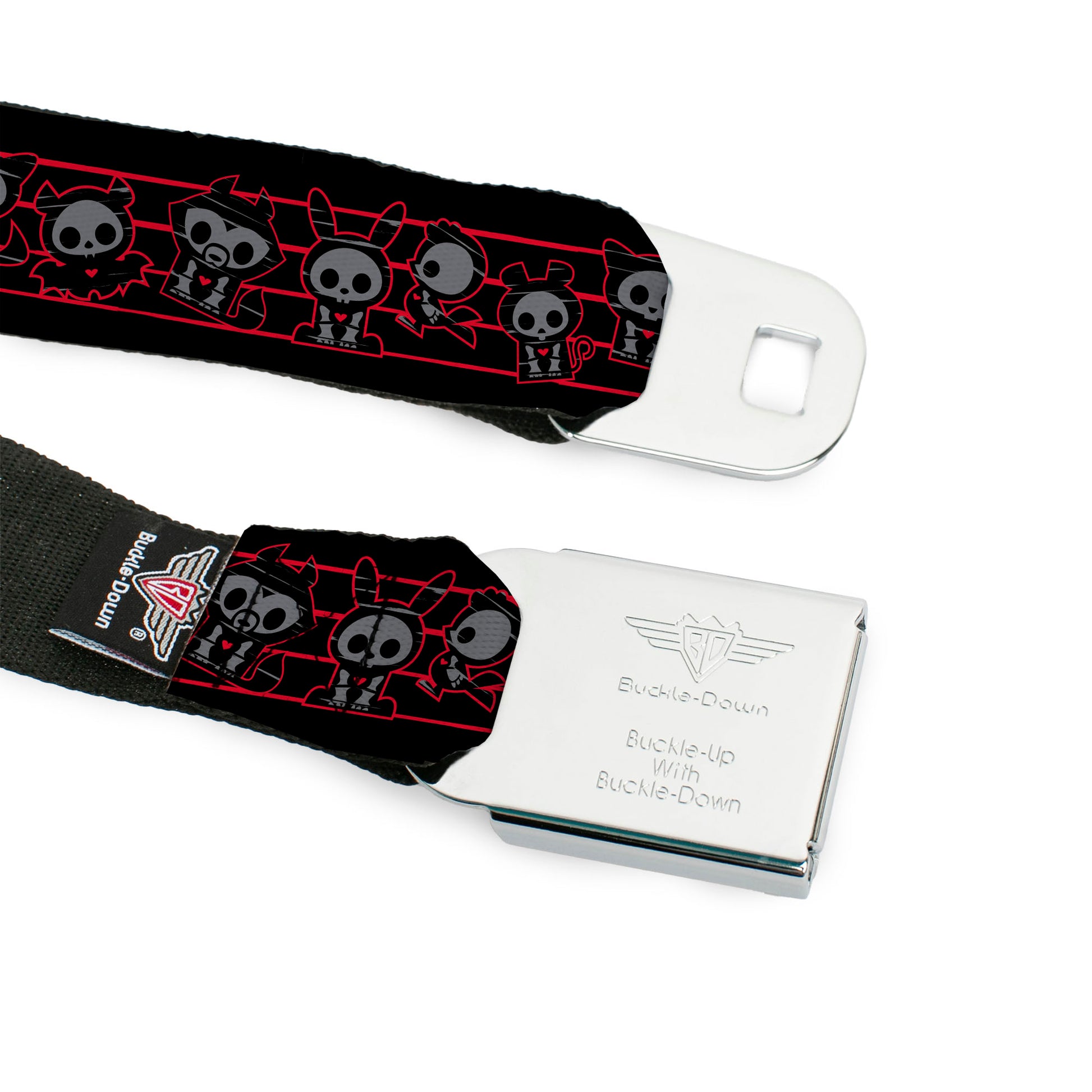 SKELANIMALS Title Logo Full Color Black/White/Red Seatbelt Belt - Skelanimals Six Character Collage Black/Red/Grays Webbing Seatbelt Belts Skelanimals