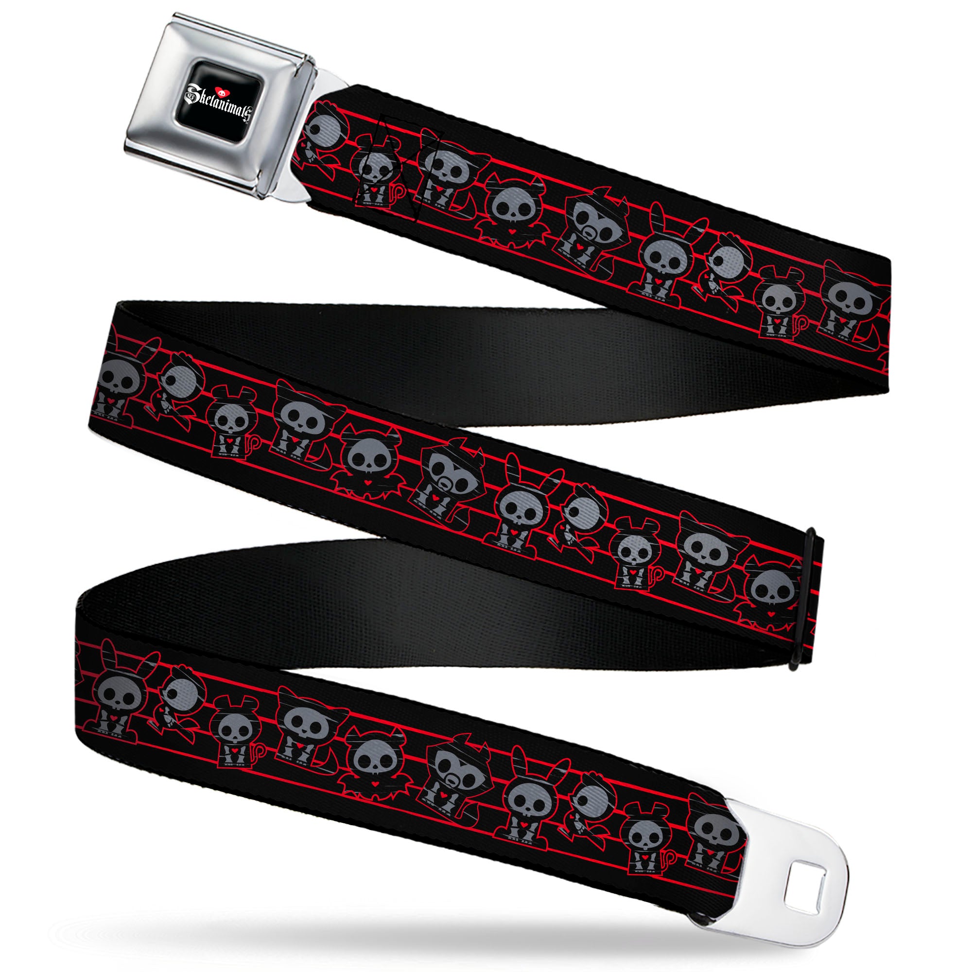 SKELANIMALS Title Logo Full Color Black/White/Red Seatbelt Belt - Skelanimals Six Character Collage Black/Red/Grays Webbing Seatbelt Belts Skelanimals