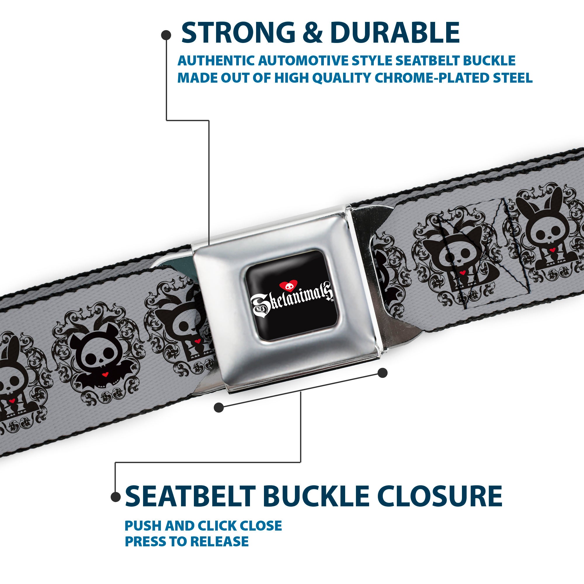 SKELANIMALS Title Logo Full Color Black/White/Red Seatbelt Belt - Skelanimals Diego Jack Kits Portraits Gray/Black Webbing Seatbelt Belts Skelanimals