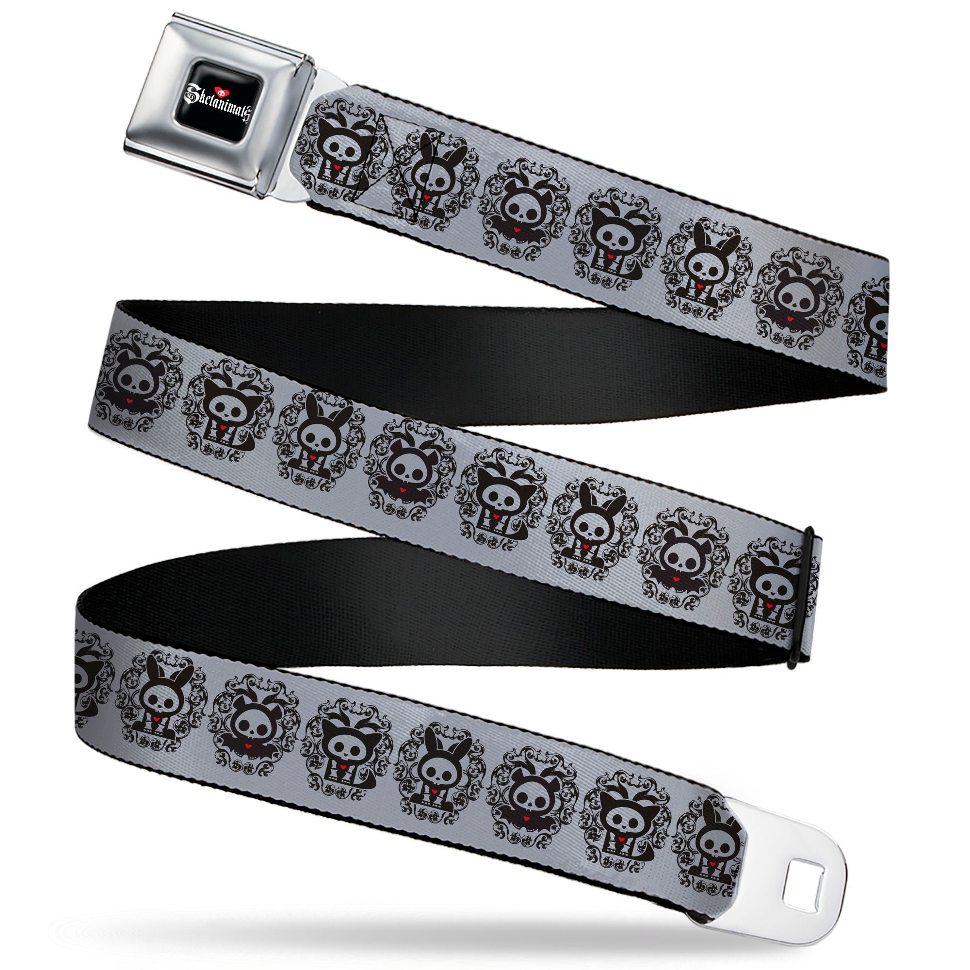 SKELANIMALS Title Logo Full Color Black/White/Red Seatbelt Belt - Skelanimals Diego Jack Kits Portraits Gray/Black Webbing Seatbelt Belts Skelanimals