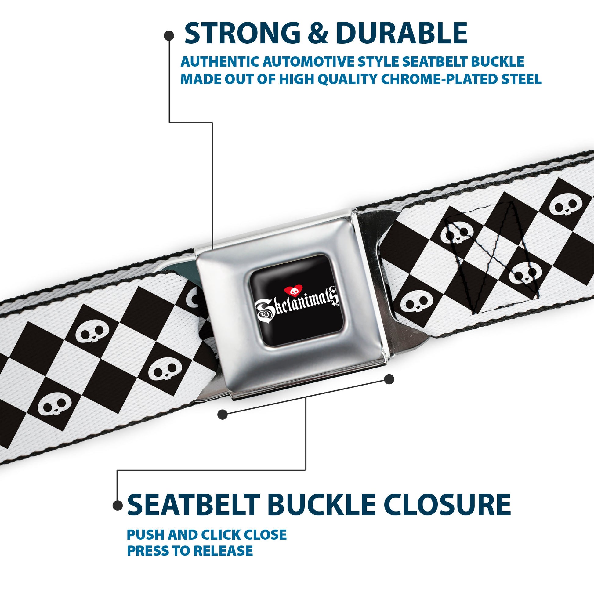 SKELANIMALS Title Logo Full Color Black/White/Red Seatbelt Belt - Skelanimals Face Logo Checker White/Black Webbing Seatbelt Belts Skelanimals