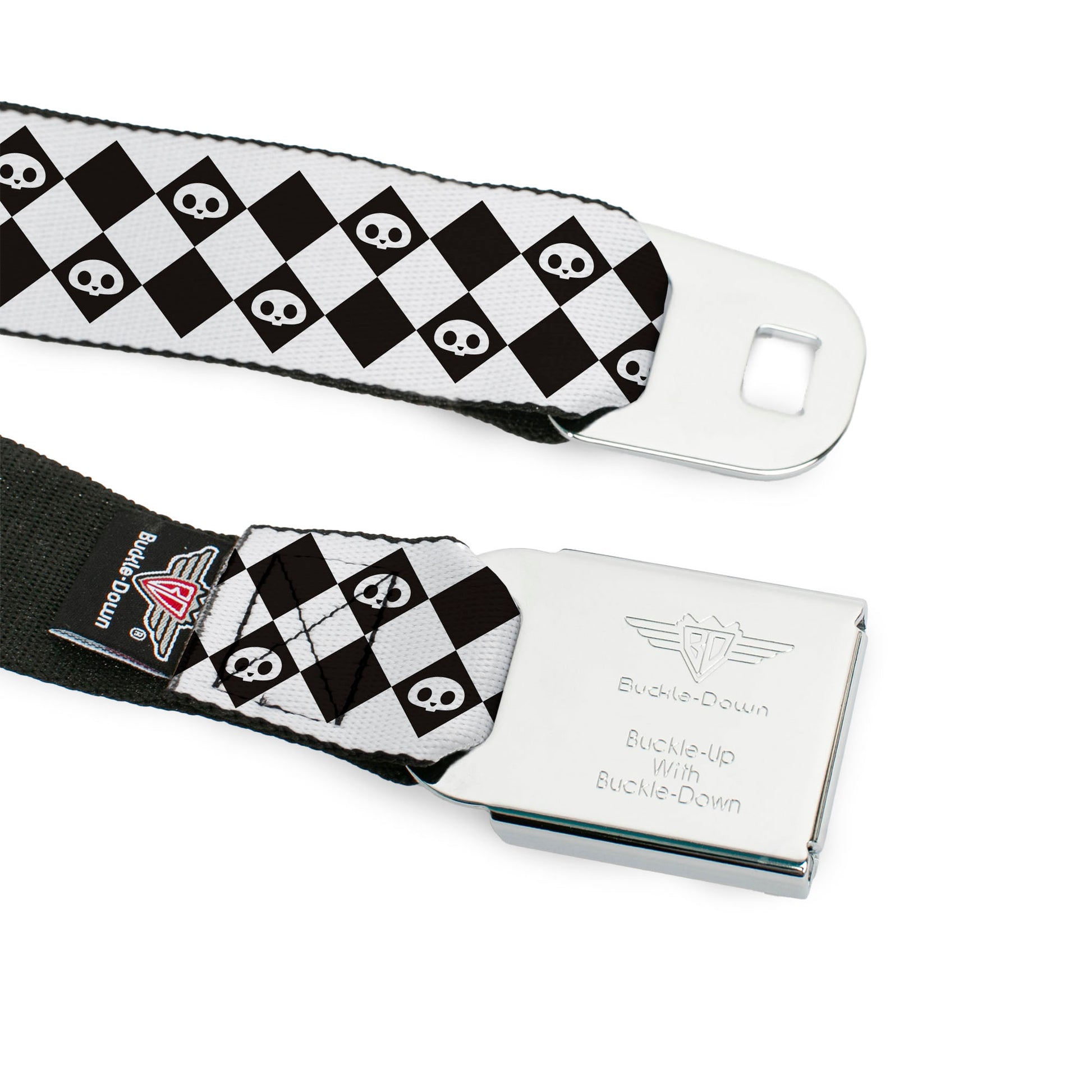 SKELANIMALS Title Logo Full Color Black/White/Red Seatbelt Belt - Skelanimals Face Logo Checker White/Black Webbing Seatbelt Belts Skelanimals