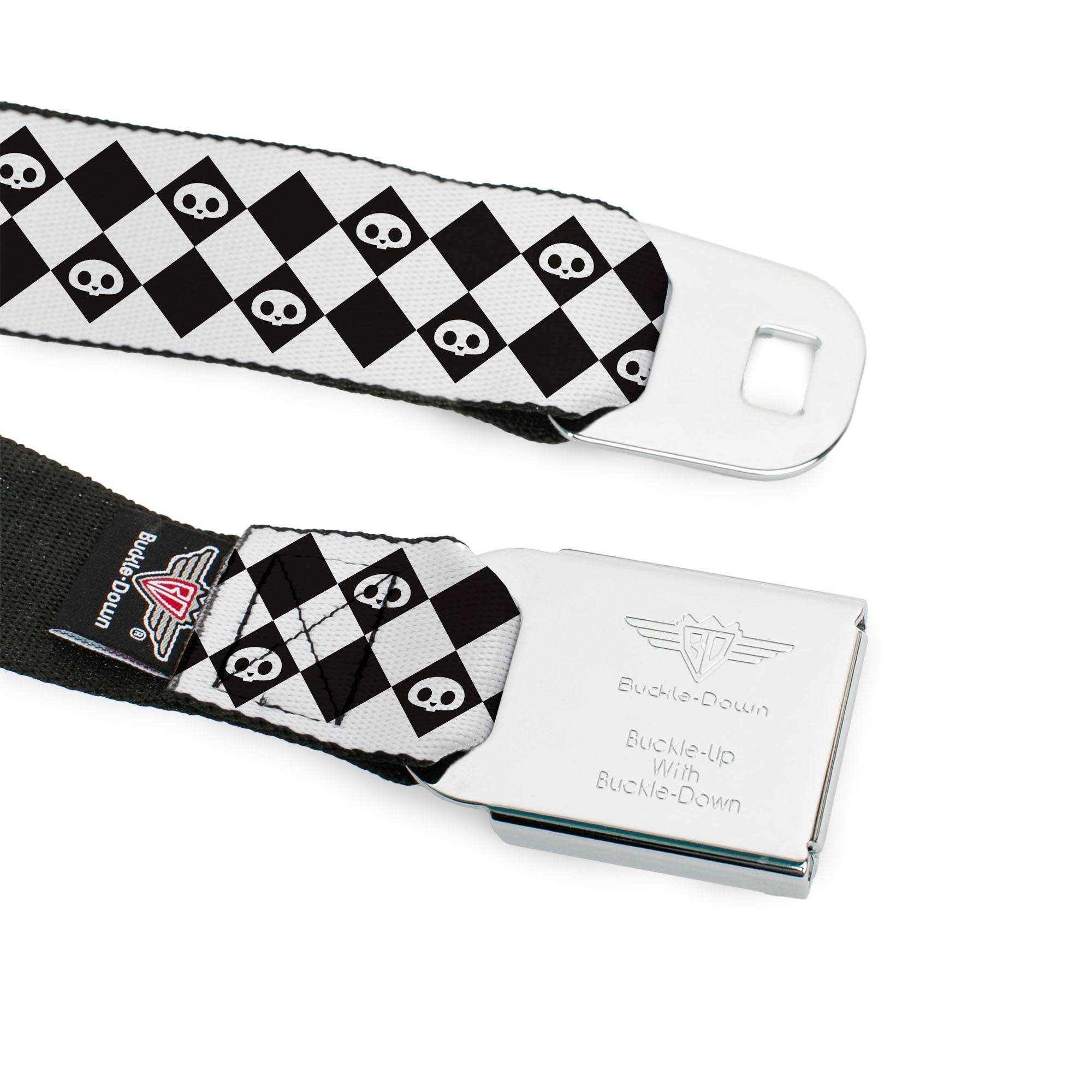 SKELANIMALS Title Logo Full Color Black/White/Red Seatbelt Belt - Skelanimals Face Logo Checker White/Black Webbing Seatbelt Belts Skelanimals