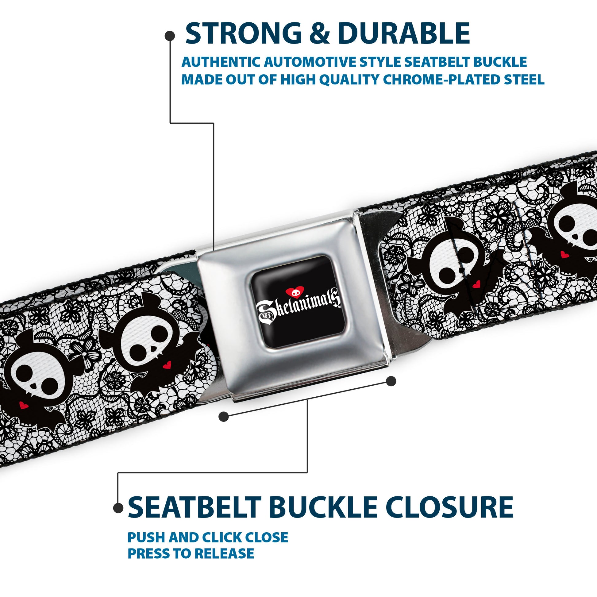 SKELANIMALS Title Logo Full Color Black/White/Red Seatbelt Belt - Skelanimals Diego the Bat Pose Lace Print White/Black Webbing Seatbelt Belts Skelanimals