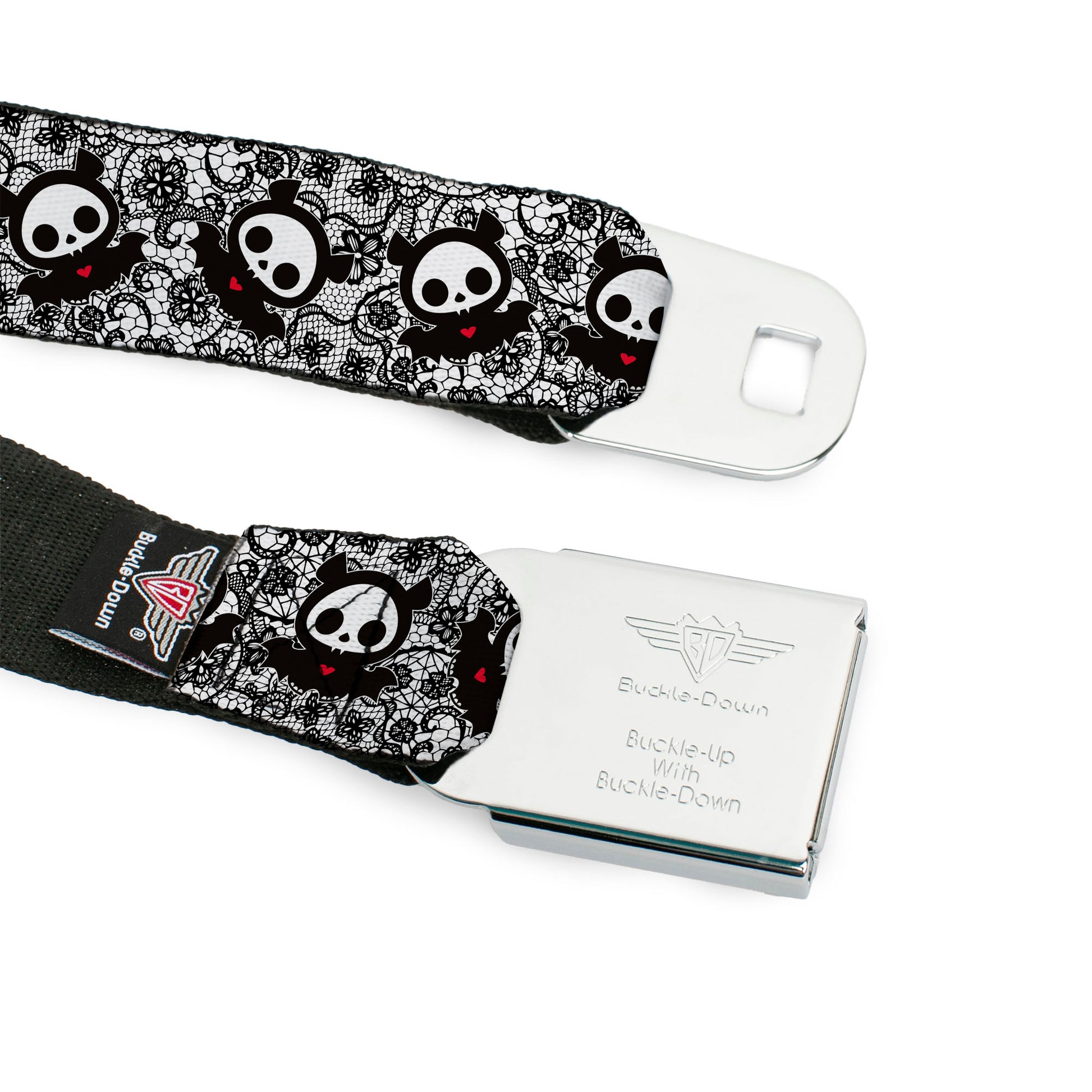 SKELANIMALS Title Logo Full Color Black/White/Red Seatbelt Belt - Skelanimals Diego the Bat Pose Lace Print White/Black Webbing Seatbelt Belts Skelanimals