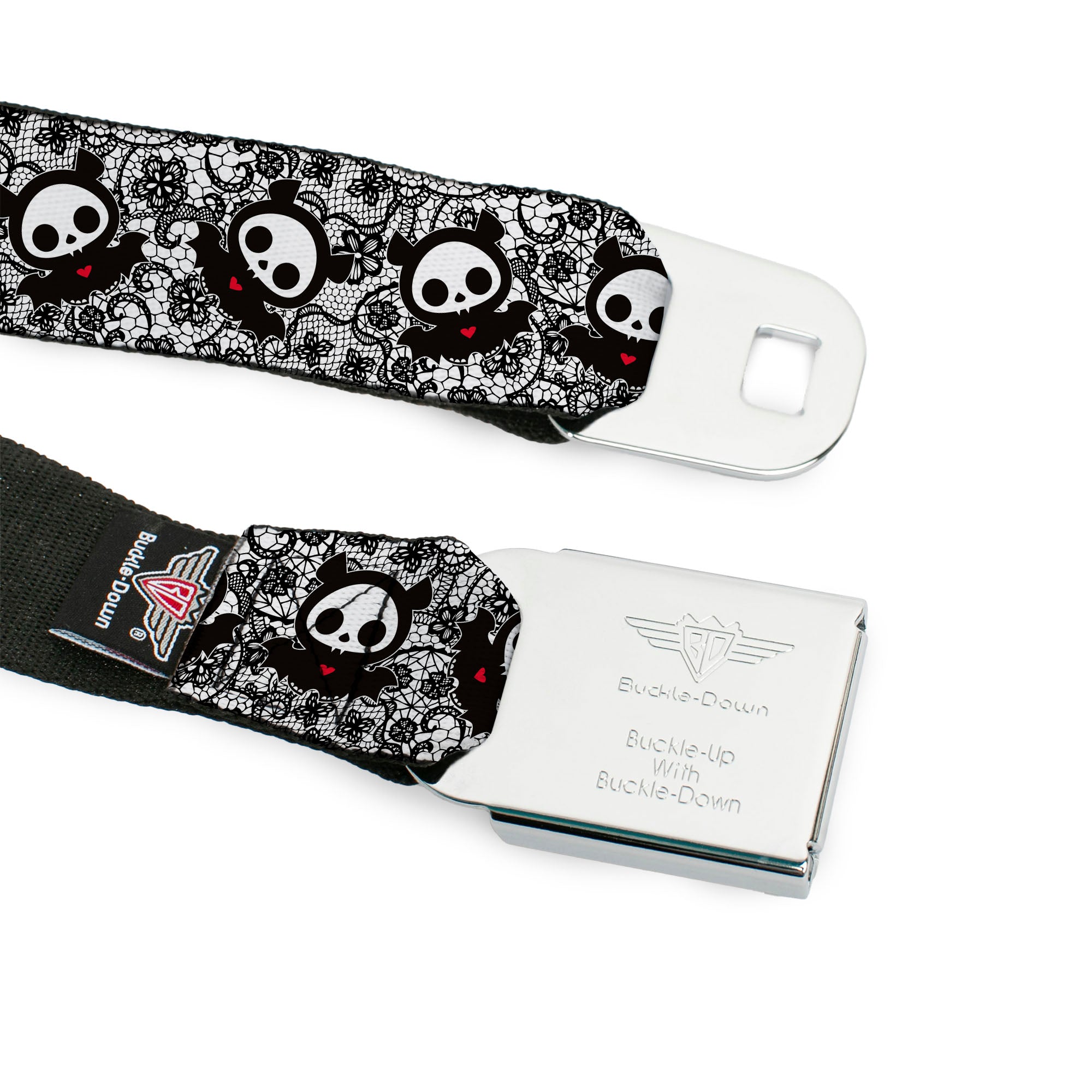 SKELANIMALS Title Logo Full Color Black/White/Red Seatbelt Belt - Skelanimals Diego the Bat Pose Lace Print White/Black Webbing Seatbelt Belts Skelanimals