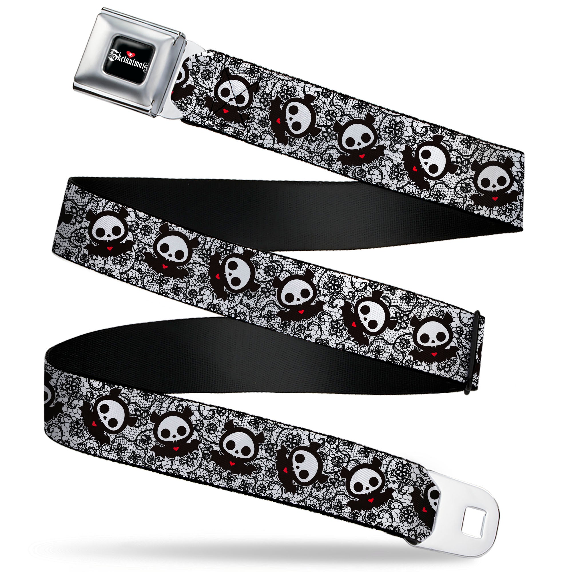 SKELANIMALS Title Logo Full Color Black/White/Red Seatbelt Belt - Skelanimals Diego the Bat Pose Lace Print White/Black Webbing Seatbelt Belts Skelanimals