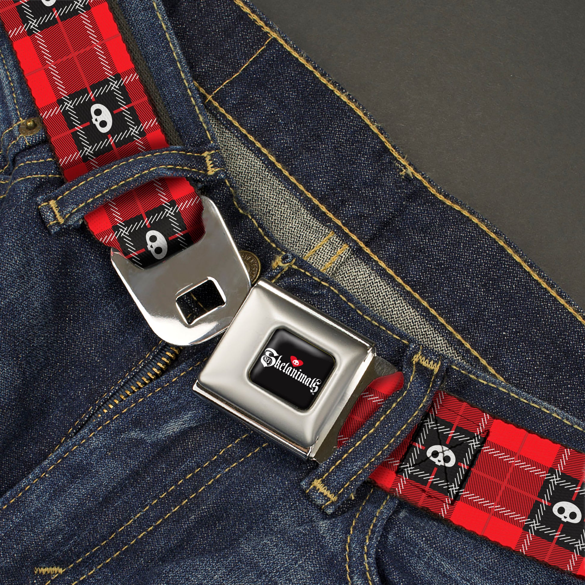 SKELANIMALS Title Logo Full Color Black/White/Red Seatbelt Belt - Skelanimals Face Logo Plaid Red/Black/White Webbing Seatbelt Belts Skelanimals