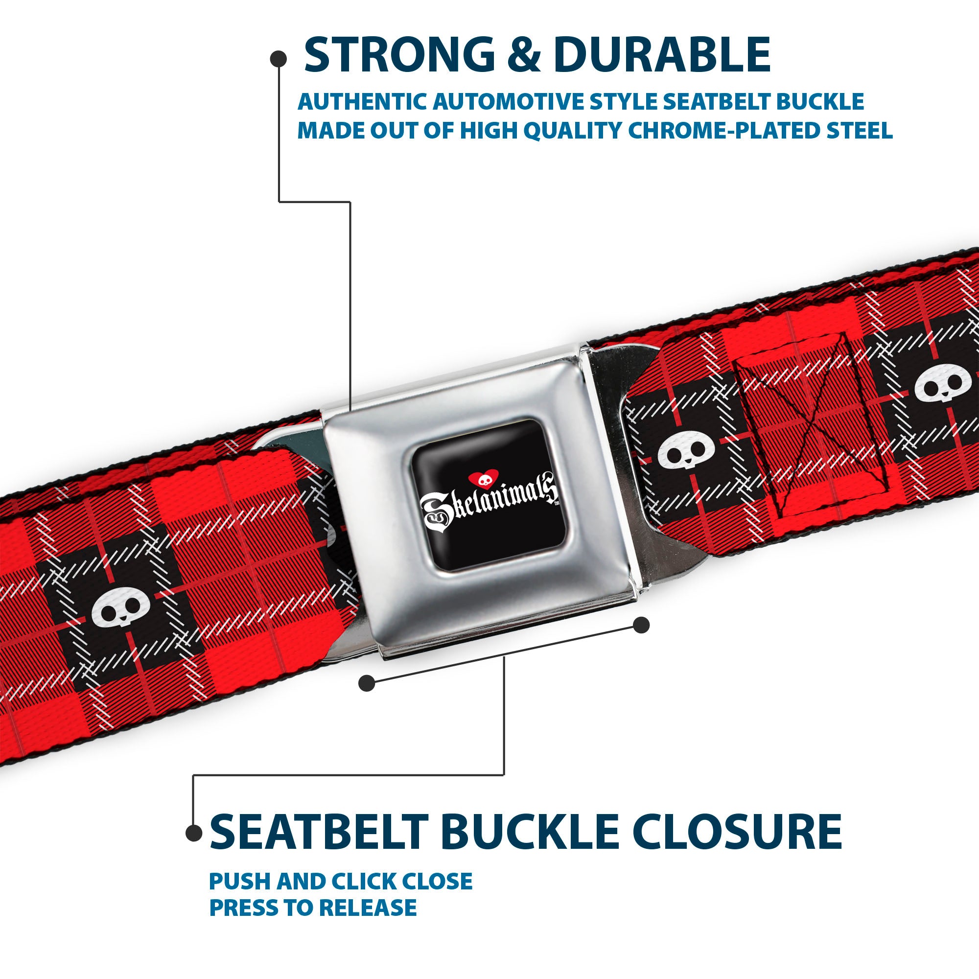 SKELANIMALS Title Logo Full Color Black/White/Red Seatbelt Belt - Skelanimals Face Logo Plaid Red/Black/White Webbing Seatbelt Belts Skelanimals