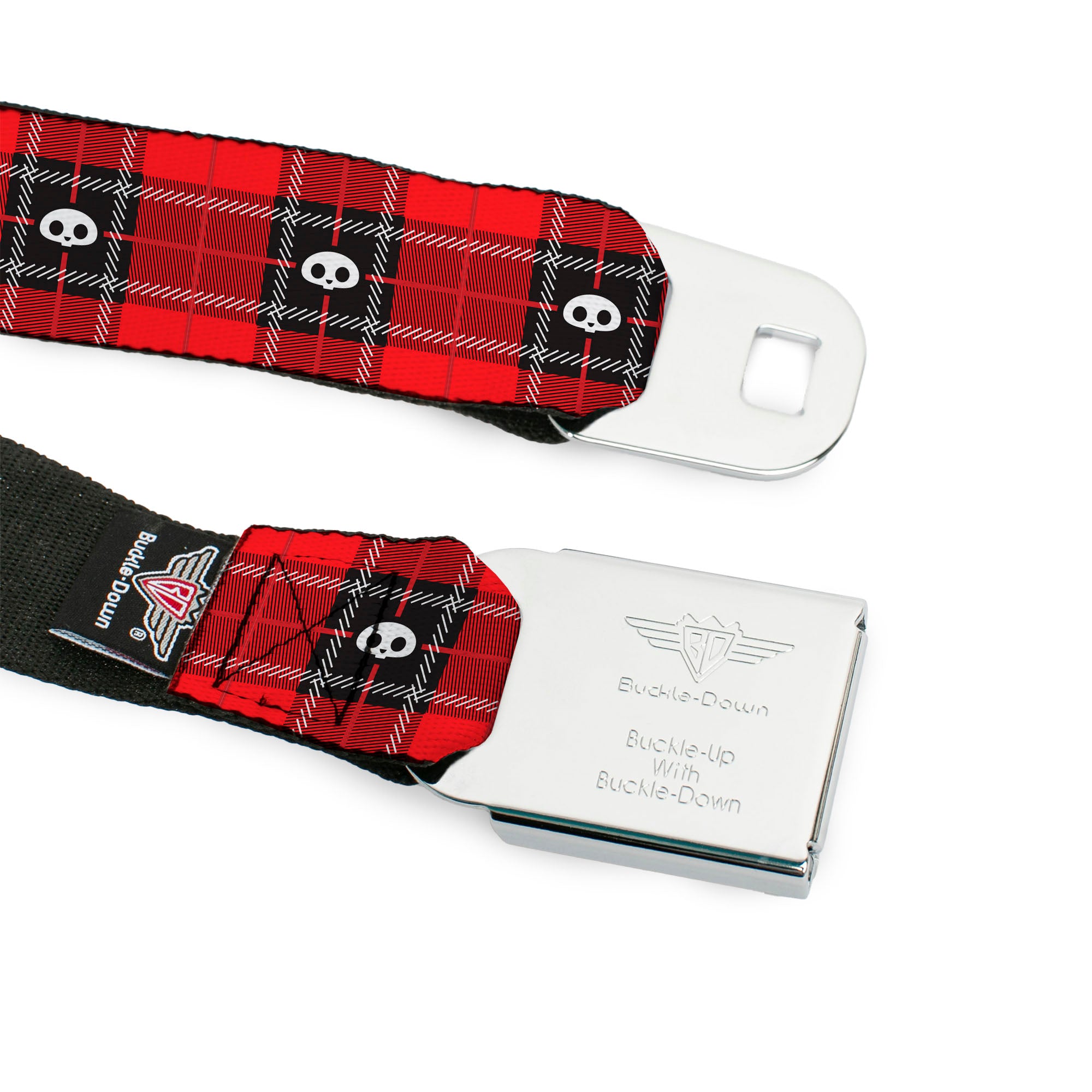 SKELANIMALS Title Logo Full Color Black/White/Red Seatbelt Belt - Skelanimals Face Logo Plaid Red/Black/White Webbing Seatbelt Belts Skelanimals