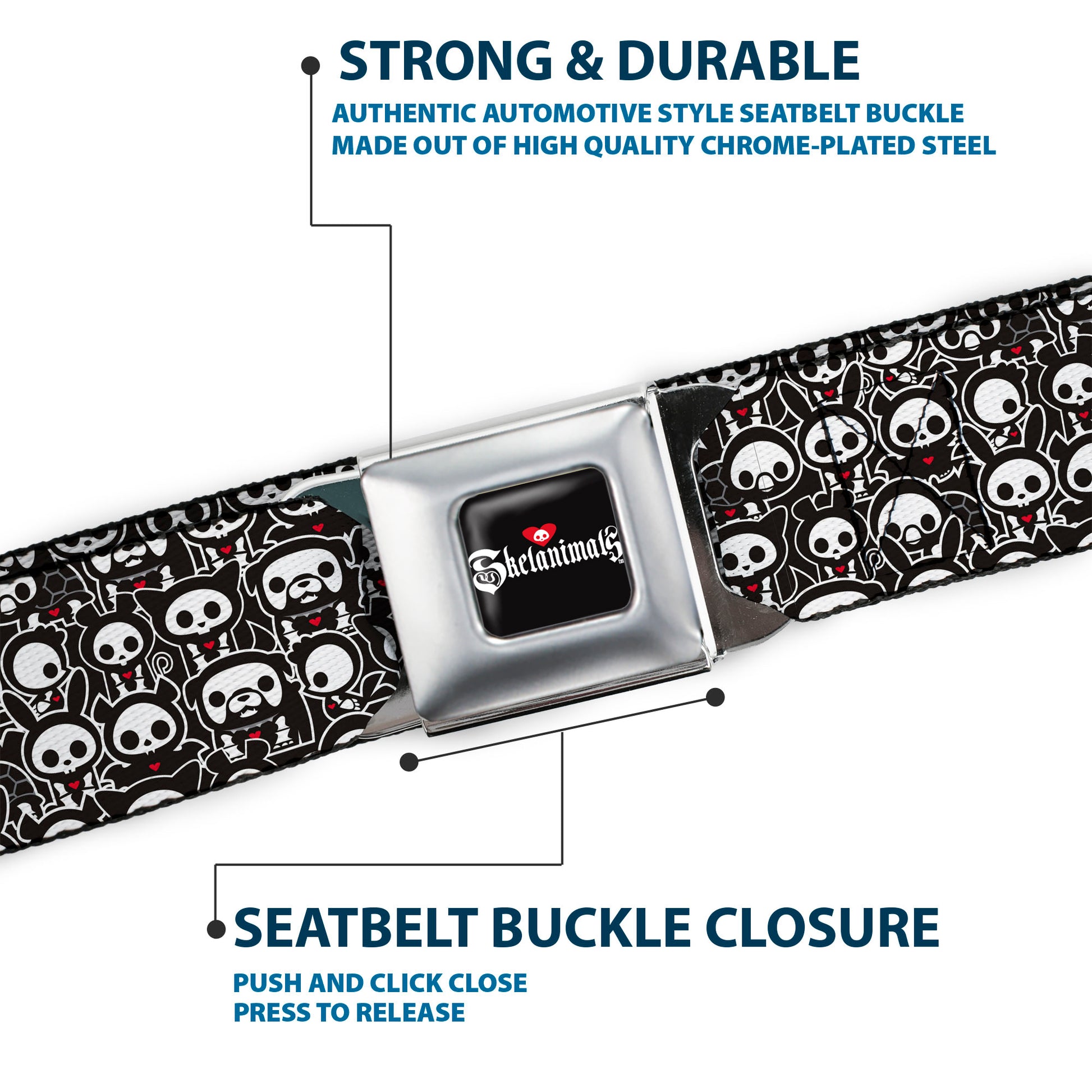 SKELANIMALS Title Logo Full Color Black/White/Red Seatbelt Belt - Skelanimals Animal Poses Stacked Black/White/Red Webbing Seatbelt Belts Skelanimals