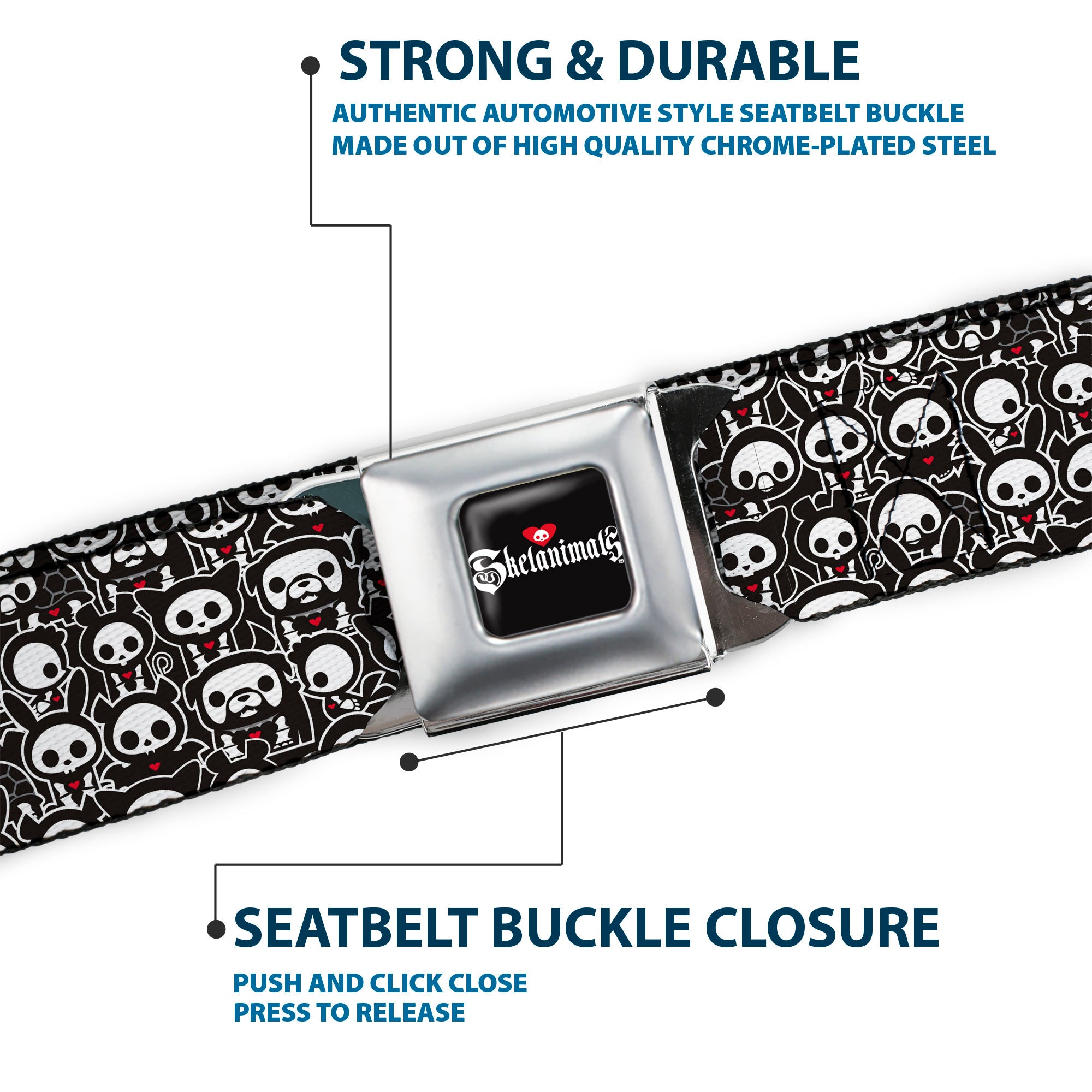 SKELANIMALS Title Logo Full Color Black/White/Red Seatbelt Belt - Skelanimals Animal Poses Stacked Black/White/Red Webbing Seatbelt Belts Skelanimals