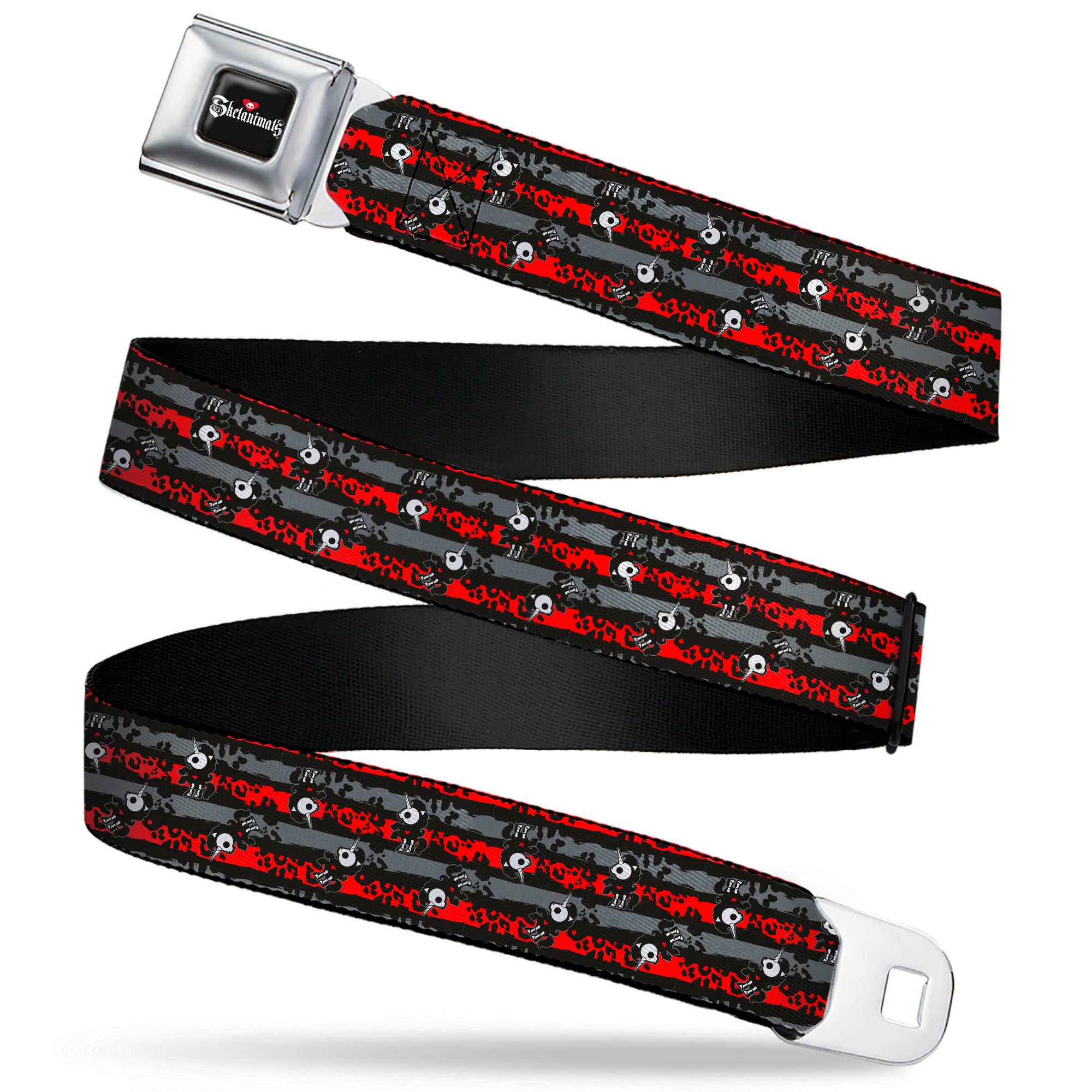 SKELANIMALS Title Logo Full Color Black/White/Red Seatbelt Belt - Skelanimals Bonita the Unicorn Poses Stripe Black/Red/Gray Webbing Seatbelt Belts Skelanimals