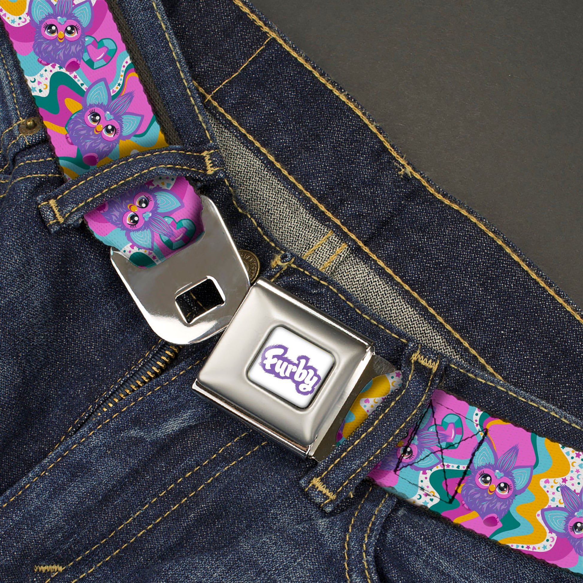 FURBY Title Logo Full Color White/Purple Seatbelt Belt - Furby Purple Dancing Pose Collage Multi Color Webbing Seatbelt Belts Furby