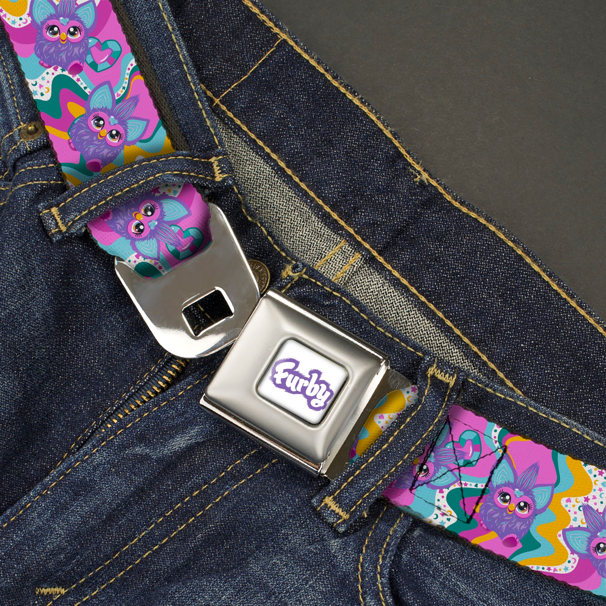 FURBY Title Logo Full Color White/Purple Seatbelt Belt - Furby Purple Dancing Pose Collage Multi Color Webbing Seatbelt Belts Furby