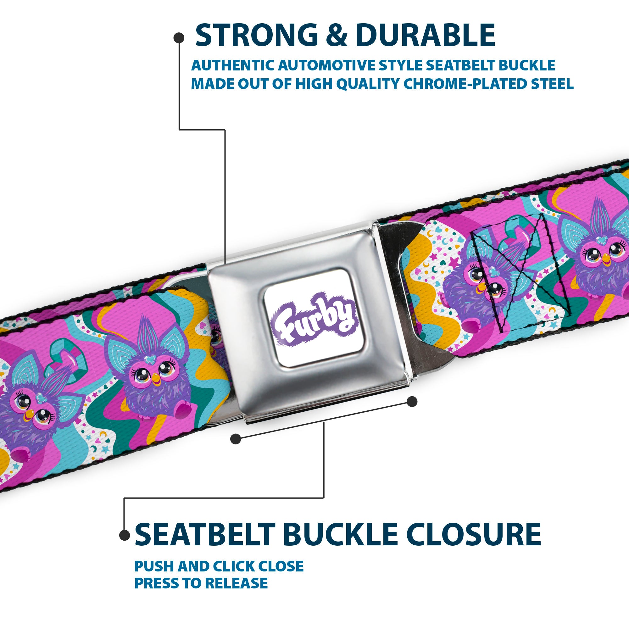 FURBY Title Logo Full Color White/Purple Seatbelt Belt - Furby Purple Dancing Pose Collage Multi Color Webbing Seatbelt Belts Furby