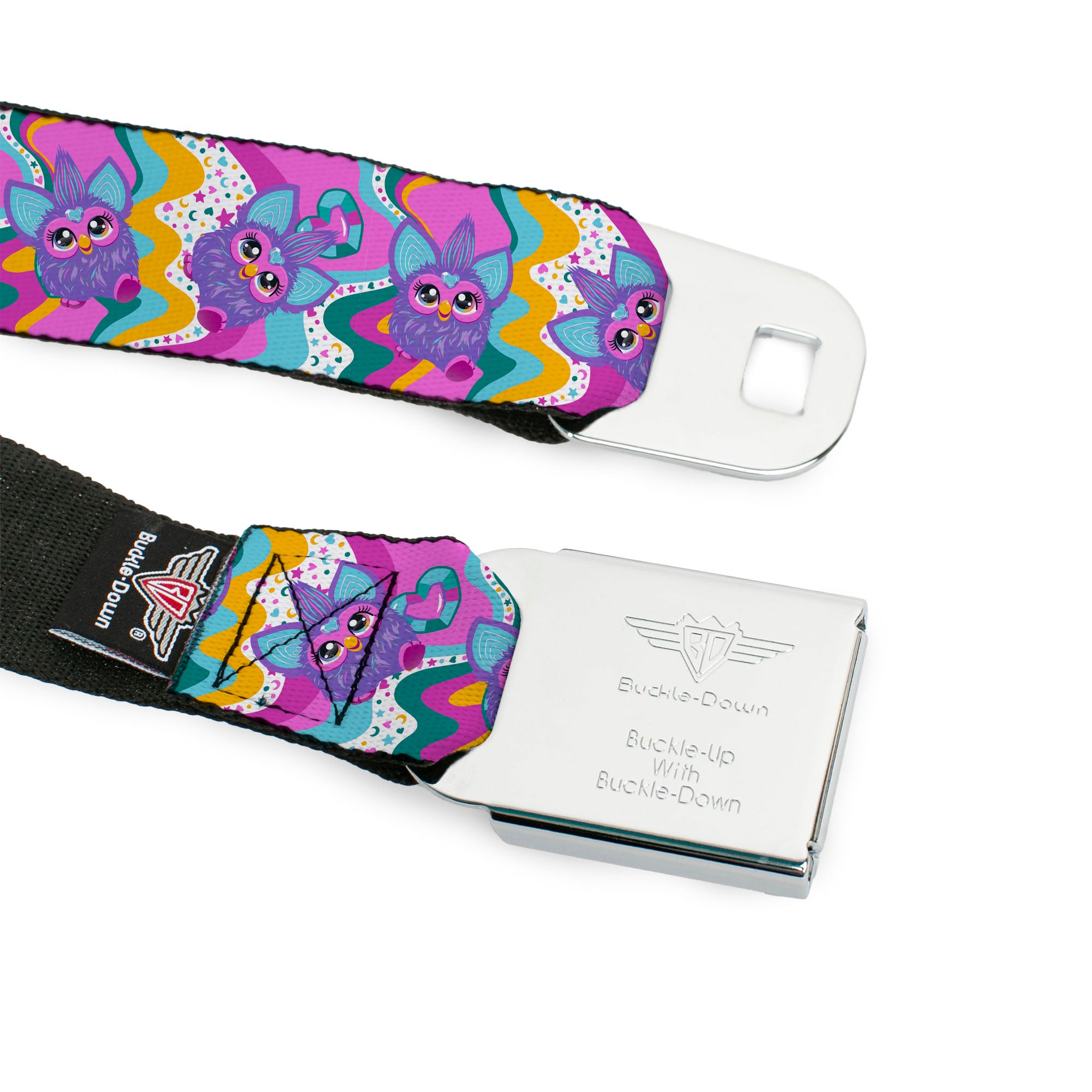 FURBY Title Logo Full Color White/Purple Seatbelt Belt - Furby Purple Dancing Pose Collage Multi Color Webbing Seatbelt Belts Furby
