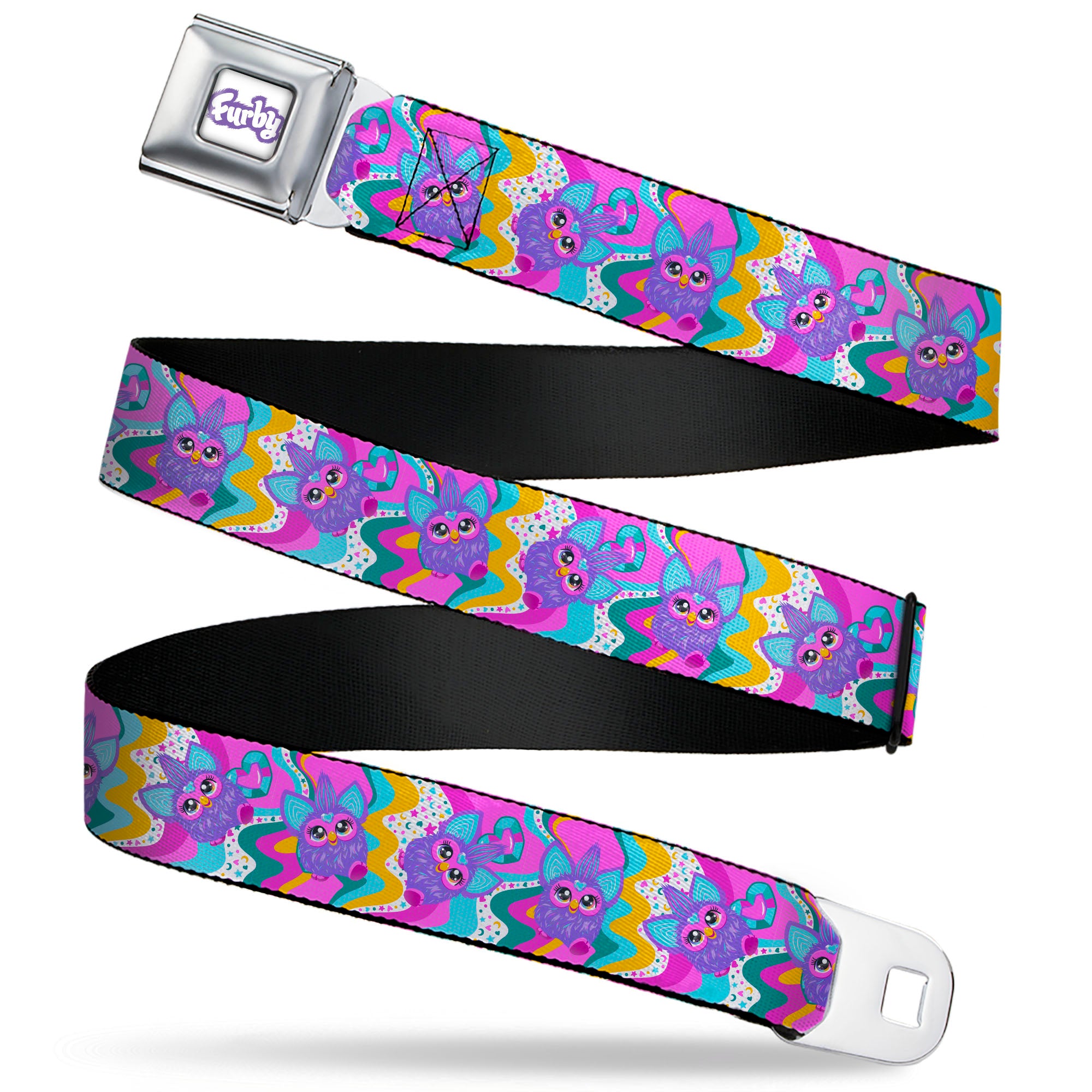 FURBY Title Logo Full Color White/Purple Seatbelt Belt - Furby Purple Dancing Pose Collage Multi Color Webbing Seatbelt Belts Furby